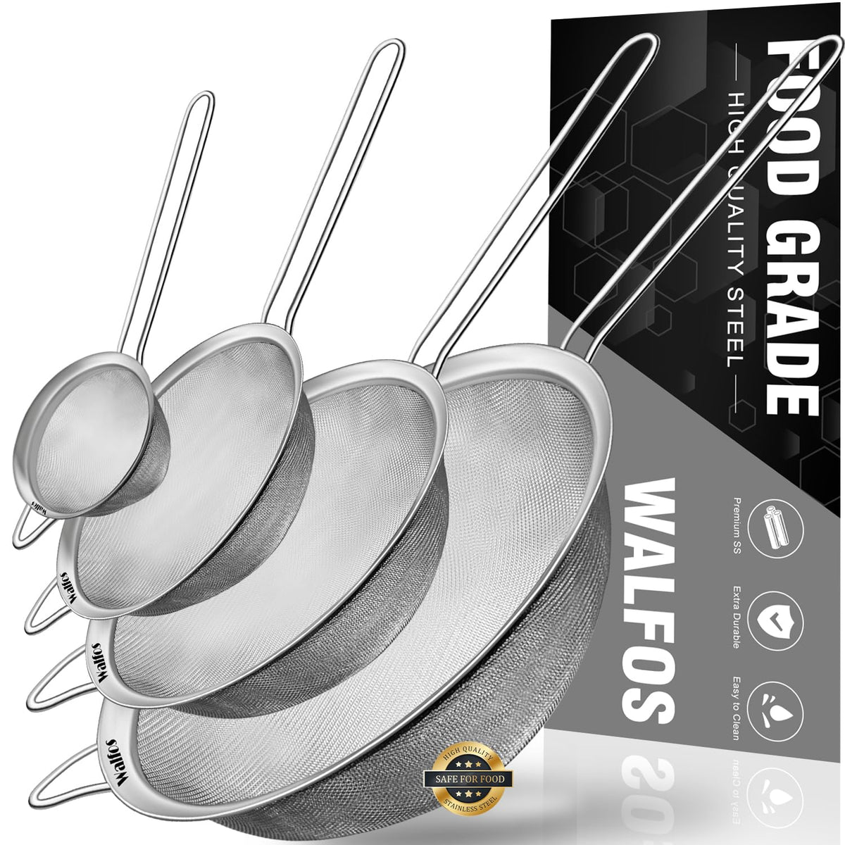 Walfos Extra Fine Mesh Strainer Set Of 4-9.5'', 7'', 4.7'', 2.8'', Stainless Steel 30 Mesh Sieve With Sturdy Handle, Kitchen Foo
