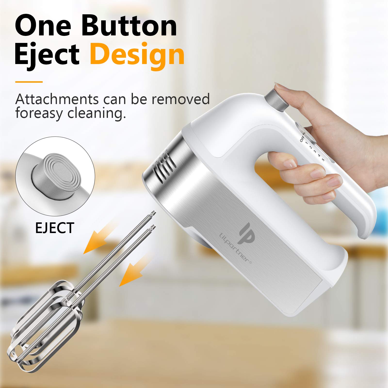 Hand Mixer Electric  450W Kitchen Mixers with Scale Cup Storage Case  Turbo Boost/Self-Control Speed + 5 Speed + Eject Button + 5 Stainless Steel Accessories  For Easy Whipping Dough Cream Cake