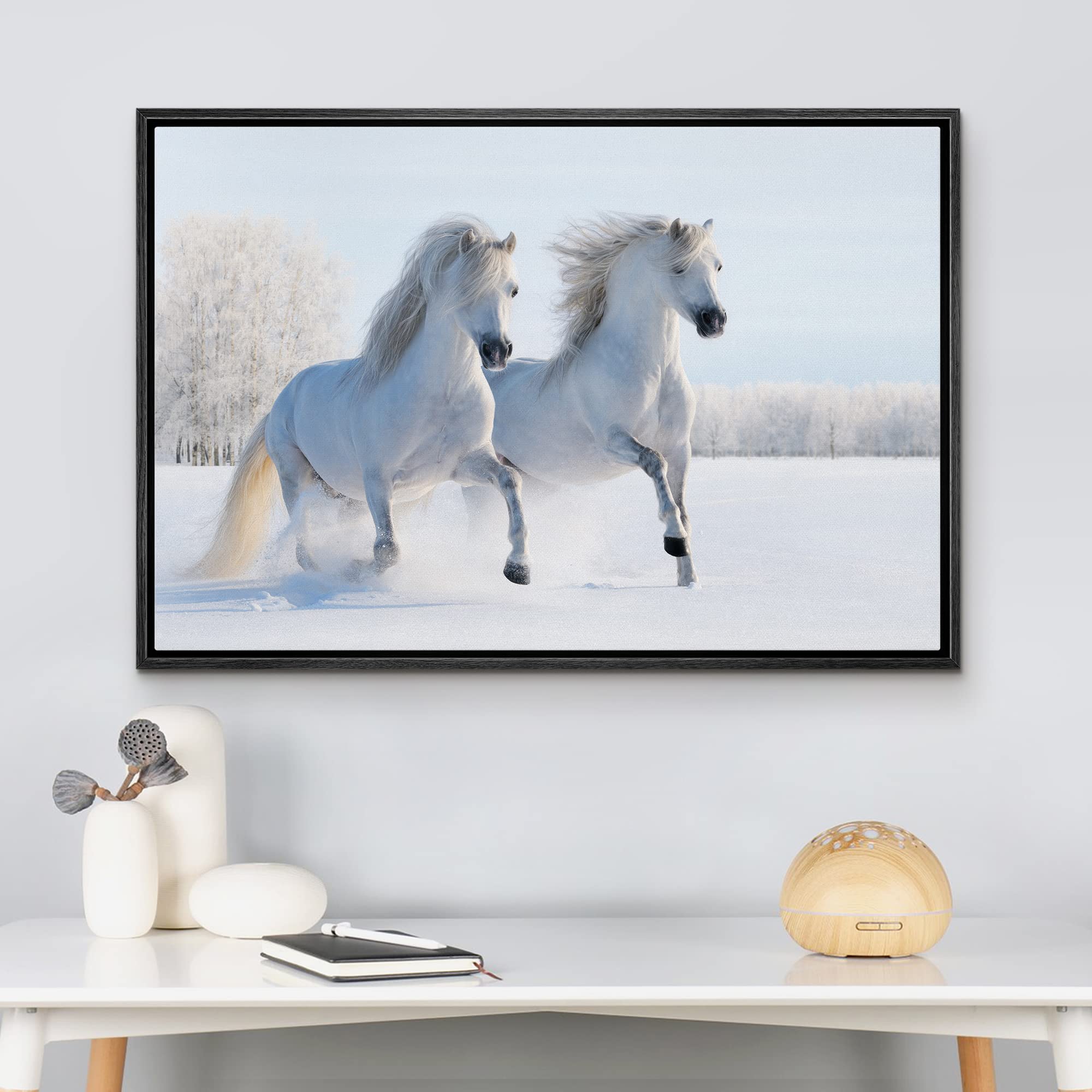 Wall26 Framed Canvas Print Wall Art Duo Of White Stallion In Snowy Winter Forest Field Animals Wildlife Realism Rustic Scenic Na