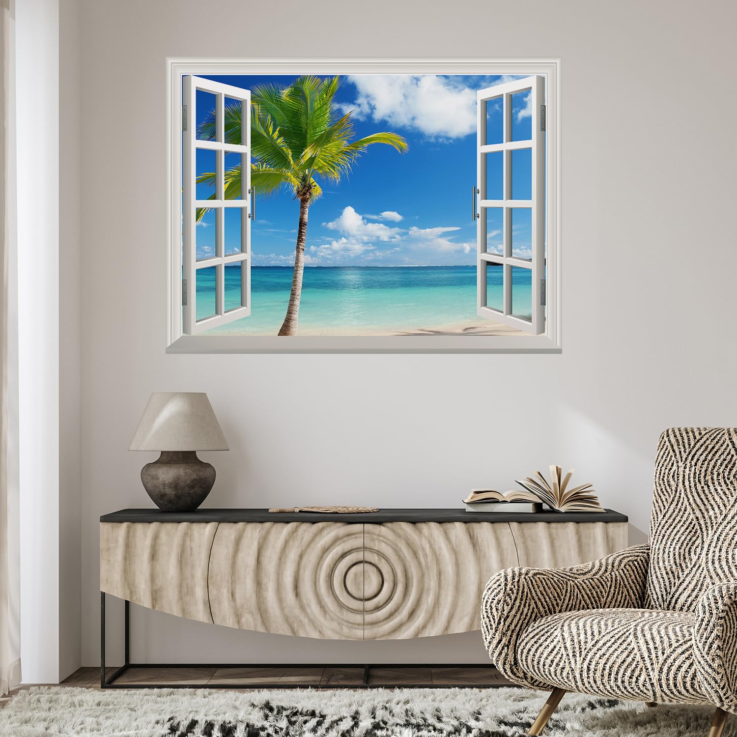 wall26 Grand Waterfall Green Mountain Open Window Mural Wall Sticker (24''x32''  Tropical View)