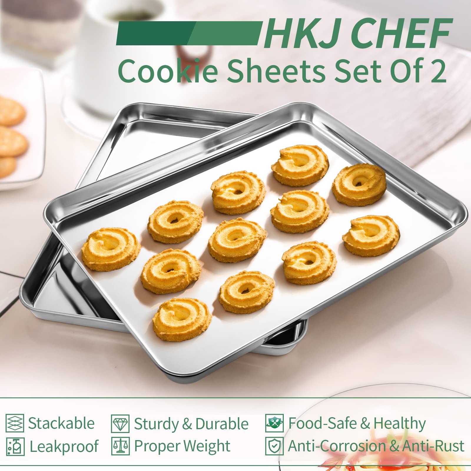 Baking Sheets Set Of 2, Hkj Chef Cookie Sheets 2 Pieces & Stainless Steel Baking Sheet & Toaster Oven Tray Pans, Rectangle Size