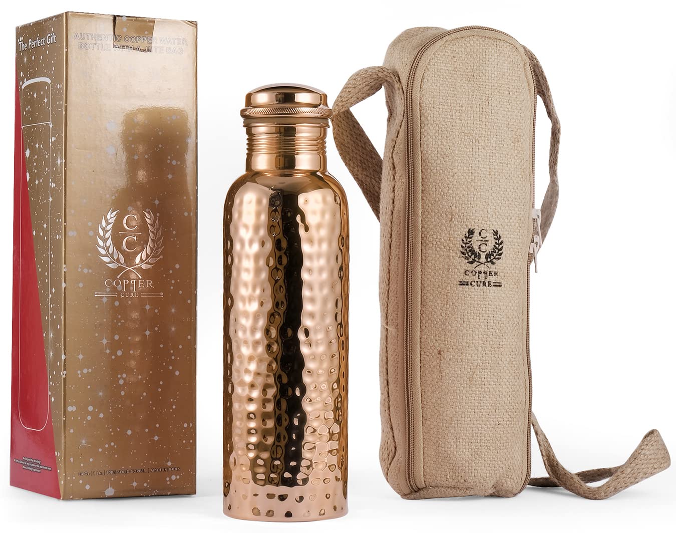 Copper Water Bottle With Jute Bag - 34 Oz Extra Large, Pure Copper Vessel For Drinking - Drink More Water - Copper Bottle For He