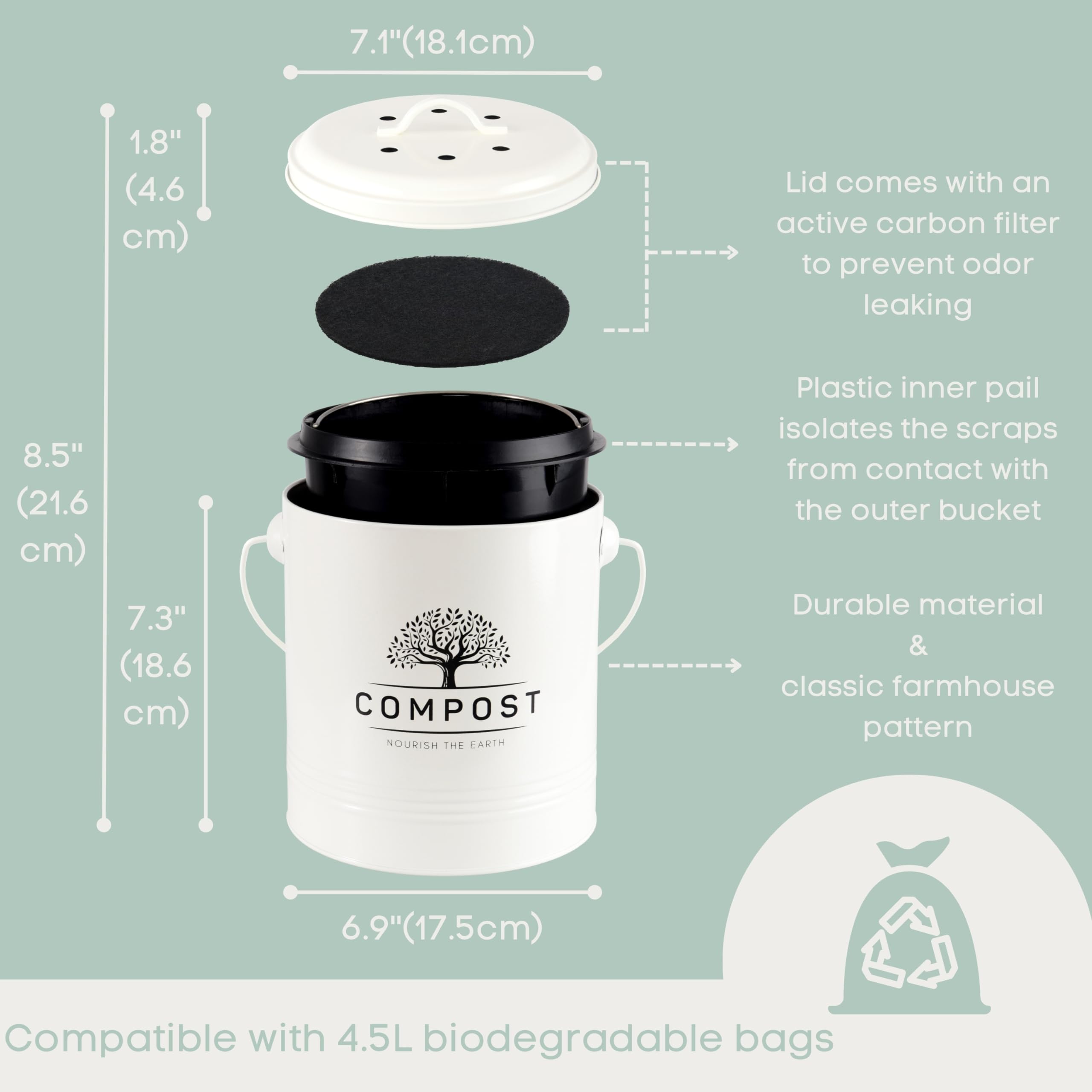 Perfnique Kitchen Compost Bin, 1.3 Gallon Countertop Compost Bin With Lid, Indoor Compost Bucket Includes Inner Bucket Liner And