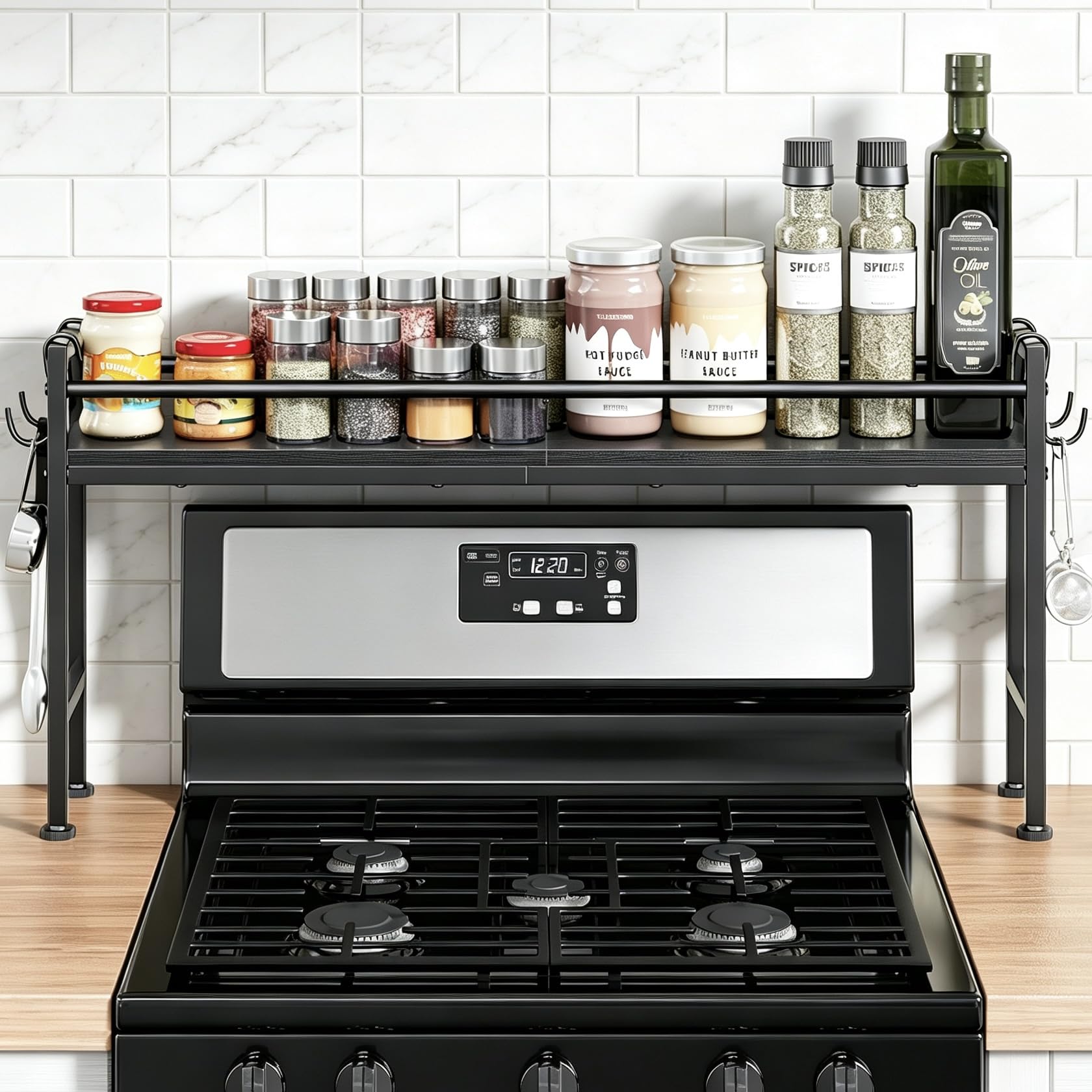 Simple Trending 32.4 Wide Over the Stove Spice Rack with 4 Hooks, Black