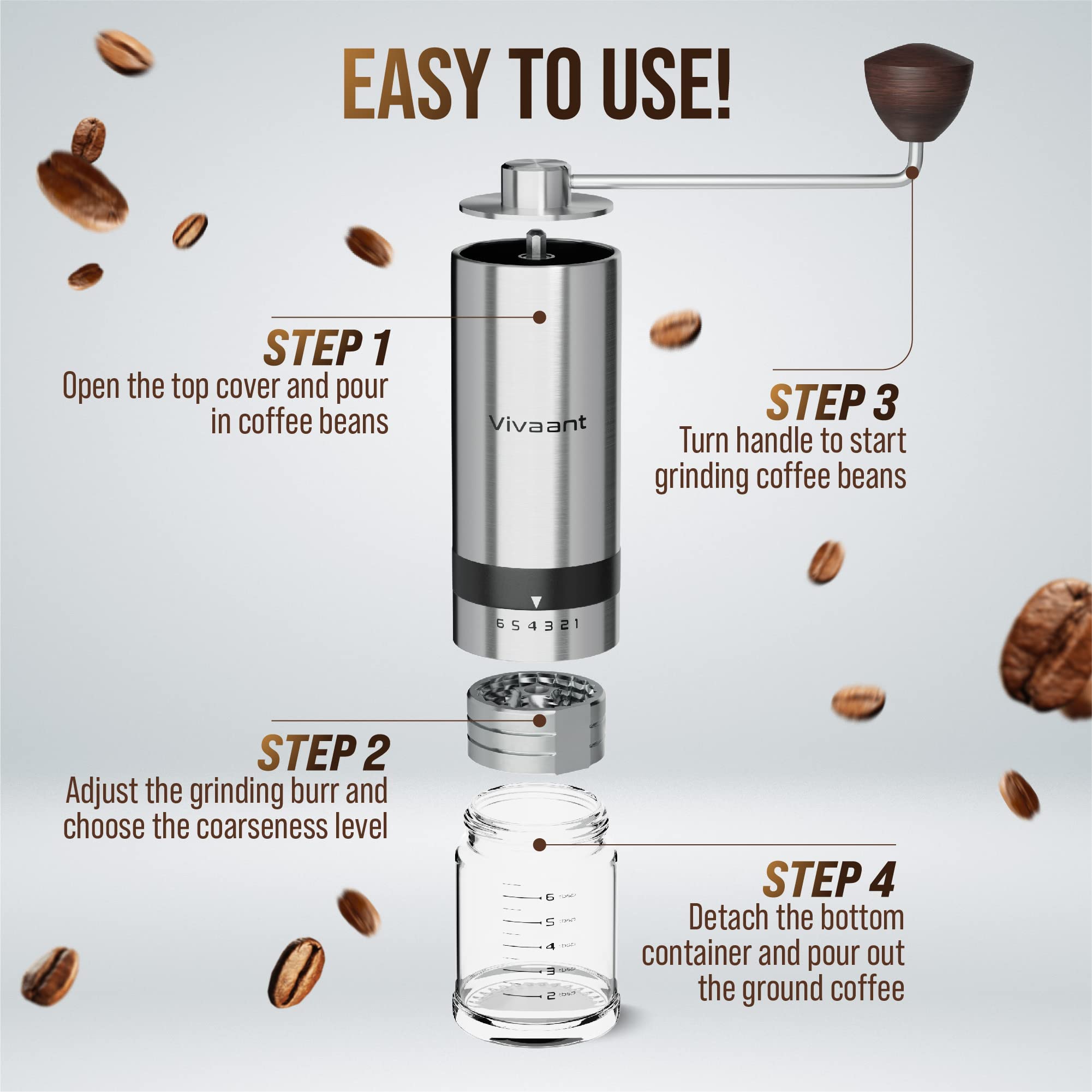 Vivaant Manual Coffee Grinder - Hand Coffee Grinder With Adjustable Dragon Tooth Stainless Steel Conical Burr, No-Power, Manual