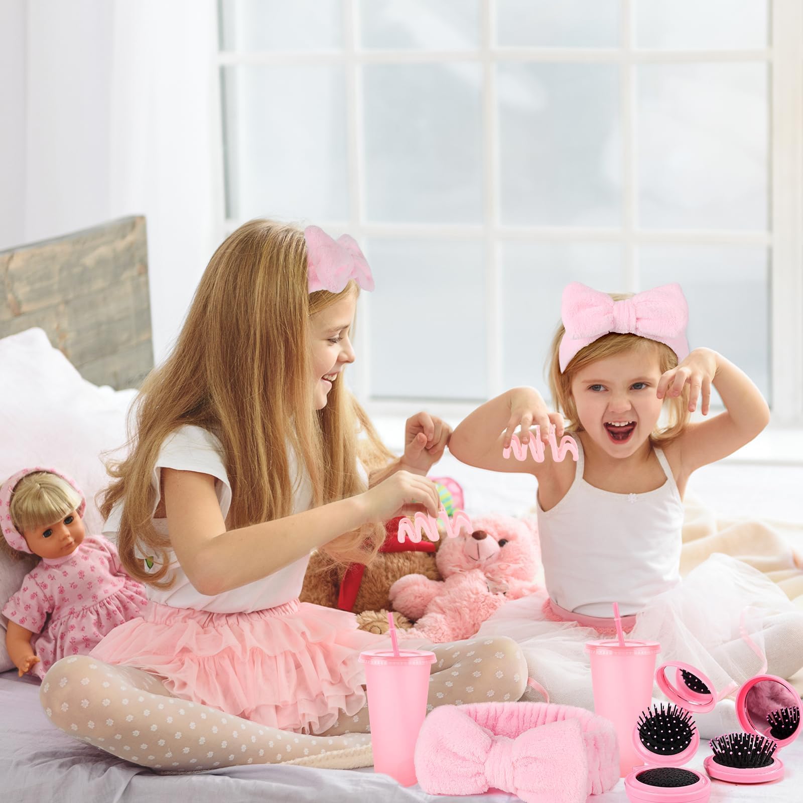 36 Pcs Spa Sleepover Party Supplies for Girls Makeup Party Favor with 6 Headband 6 Eye Masks 6 Pink Plastic Cups 6 Mirror 6 Hair