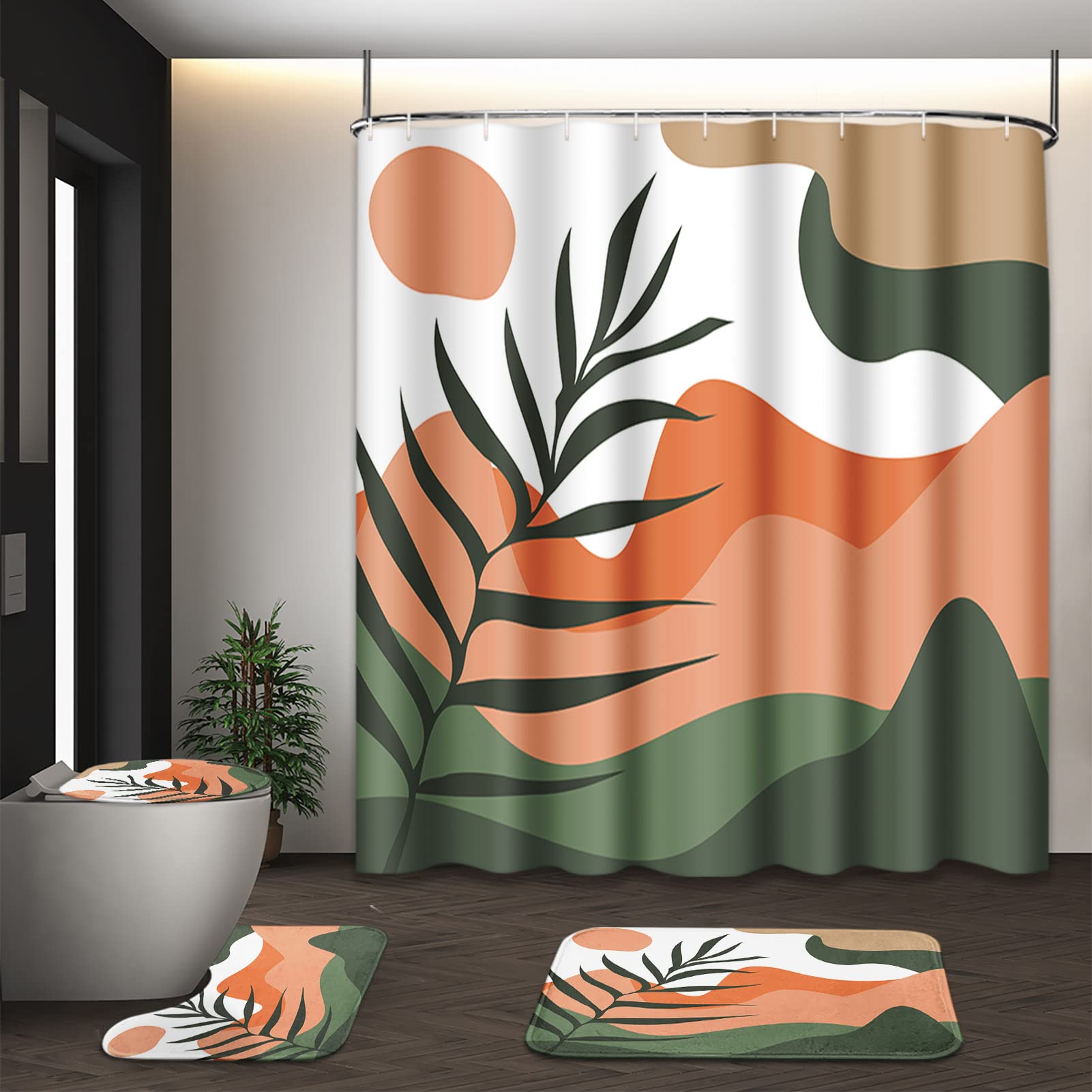 Tayney Boho Mid Century Shower Curtain Set With Toilet Lid Cover And Non-Slip Rugs, Abstract Sun Mountain Plants 4 Pcs Modern Sh