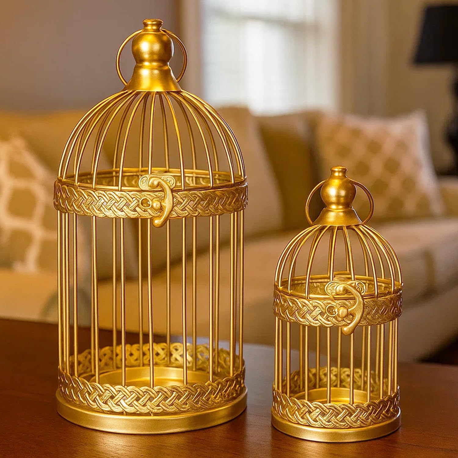 VELA LANTERNS Birdcage Decor Candle Holder Lantern Decorative Wedding Table Centerpiece Decorations, 10 and 6 Tall, Gold, Set of