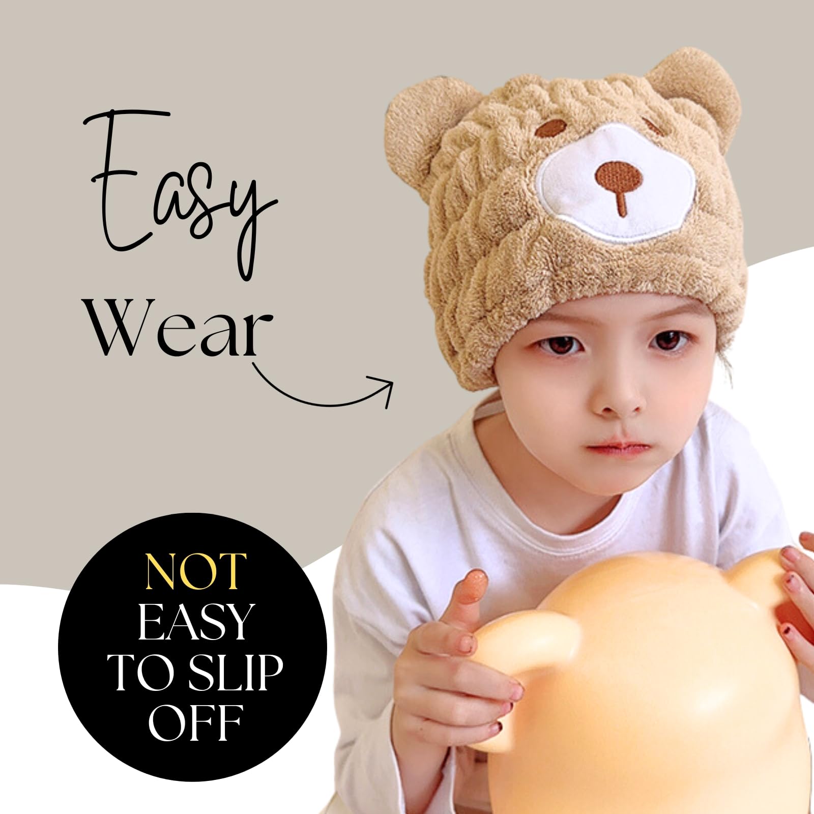 LCBD Microfiber Hair Towel Wrap for Kids, Brown Bear Dry Hair Cap Set with Hair Scrunchies, Absorbent Quick Hair Drying Towel fo