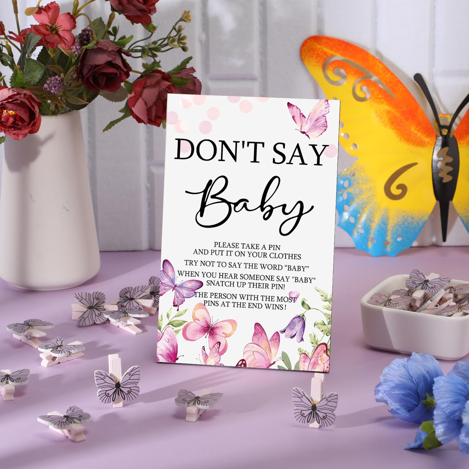 Unittype 51 Pcs Don'T Say Baby Shower Game Supplies Include Purple Butterfly Theme Baby Shower Sign And 50 Mini Butterfly Clothe