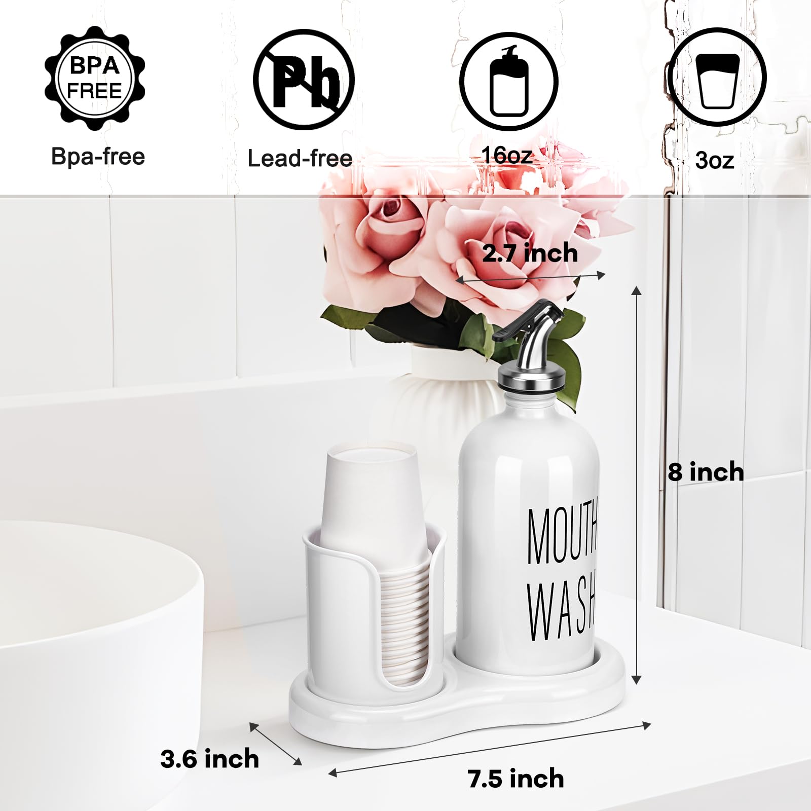 Mouthwash Dispenser for Bathroom BYAWAY Mouthwash Dispenser with Cup Holder 14 Mouthwash Cups and Funnel Refillable Glass Mouthwash Container (White)