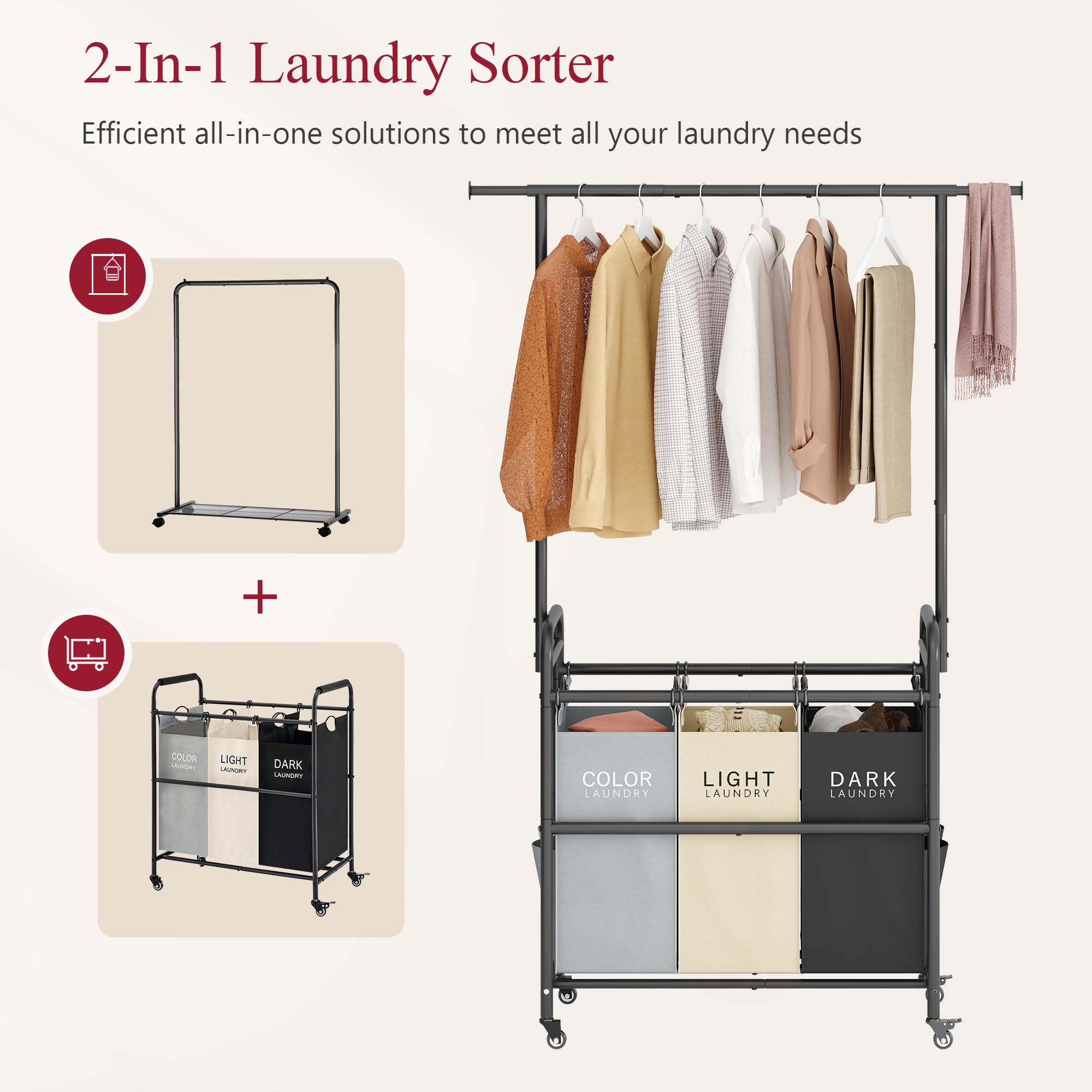 Tajsoon Laundry Sorter Cart With Hanging Rack, Laundry Sorter 3 Section, Laundry Hamper With Heavy Duty Rolling Lockable Wheels,