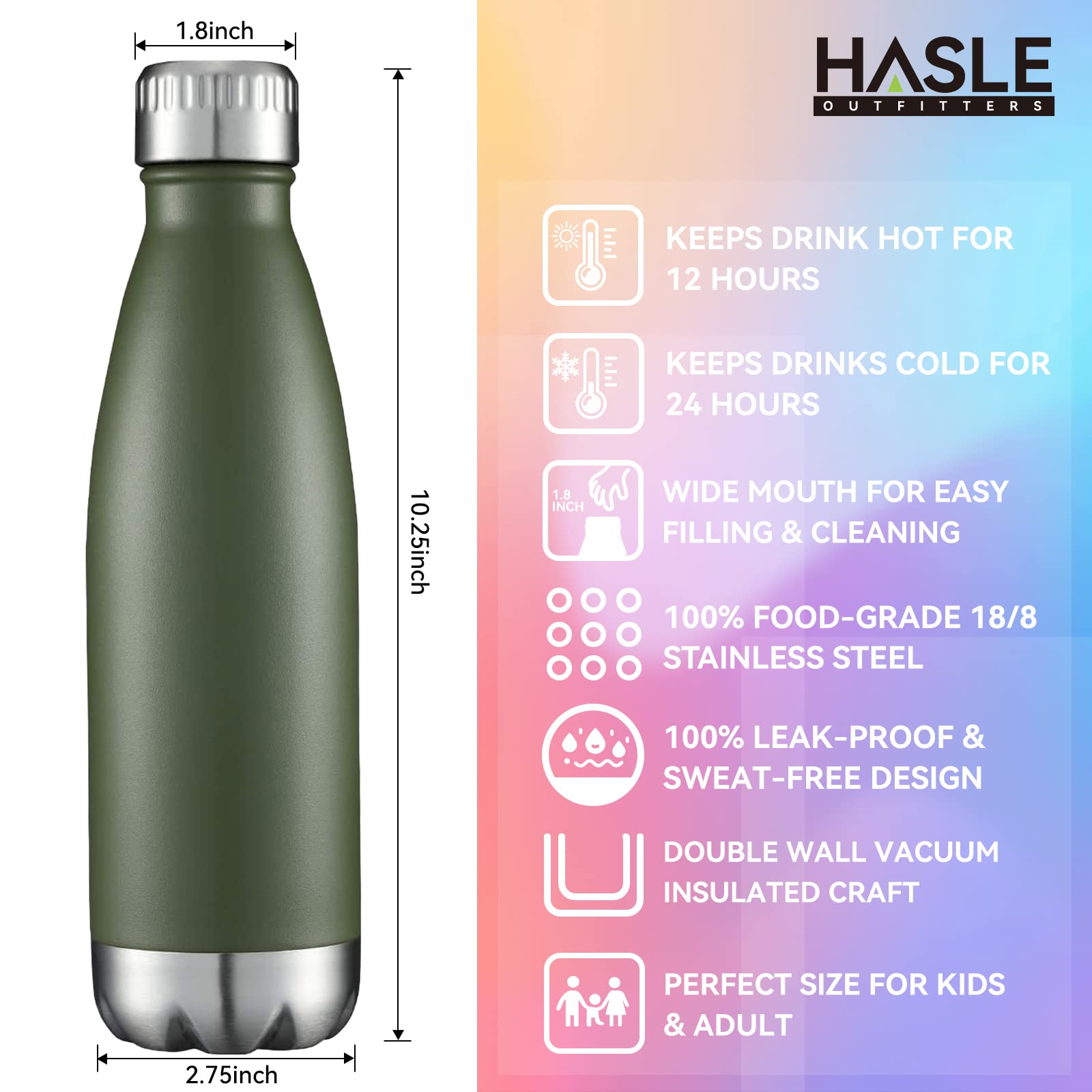 Hasle Outfitters 17Oz Stainless Steel Water Bottles, Vacuum Insulated Water Bottles Double Walled Powder Coated Reusable Metal S