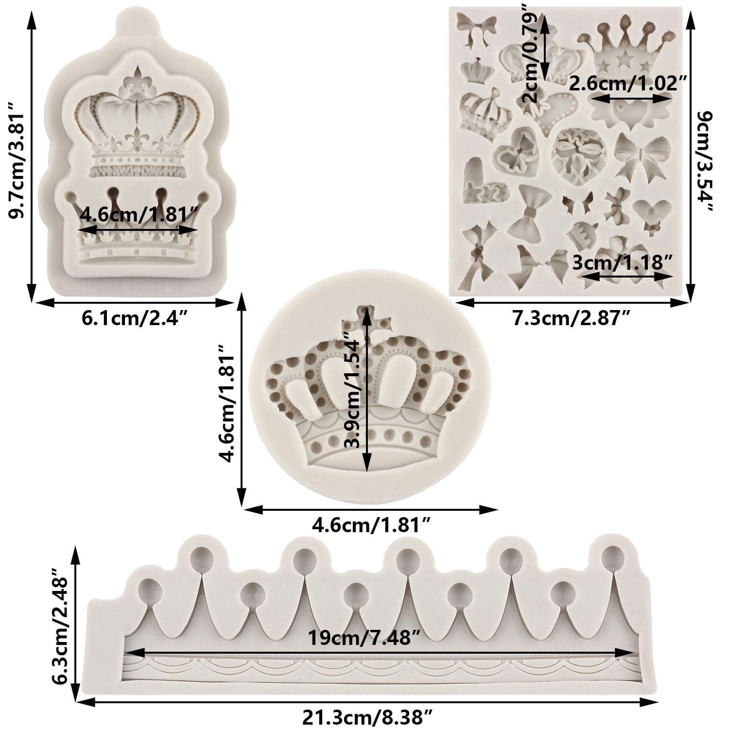 Minfeidms Crown Fondant Silicone Molds Bows Heart Chocolate Mold For Cake Decorating Cupcake Topper Candy Gum Paste Polymer Clay