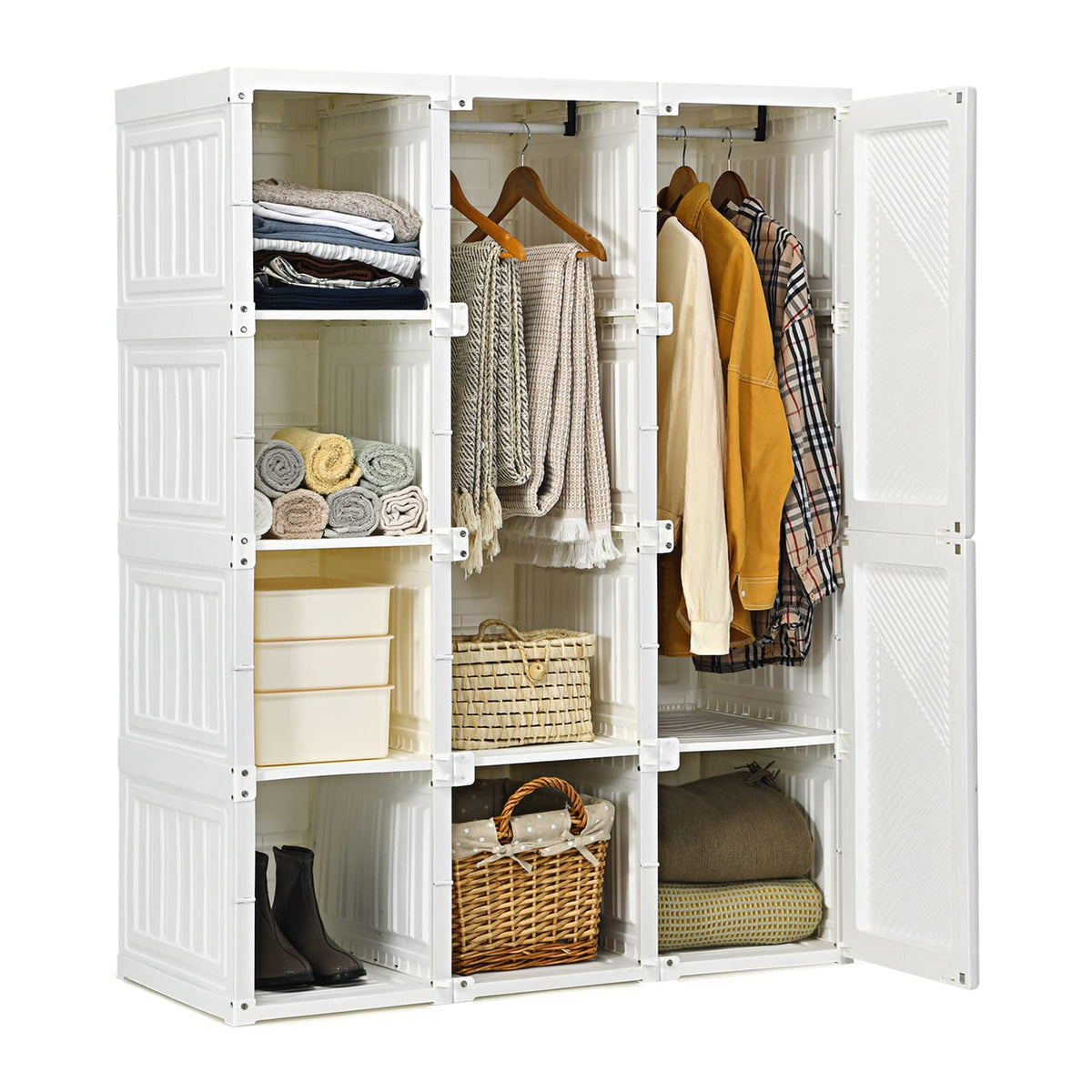Tangkula Portable Closet Wardrobe, Foldable Clothes Organizer With Cubby Storage, Hanging Rods, Easy Assemble Clothing Storage W
