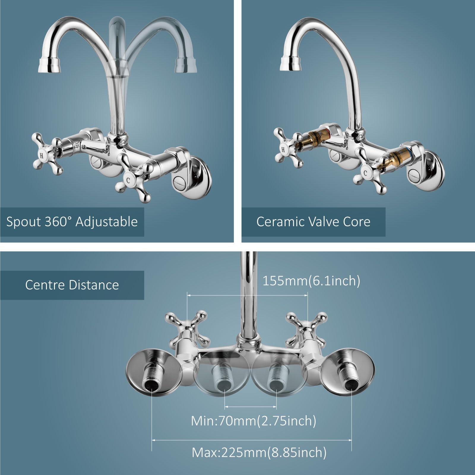 Aolemi Wall Mount Kitchen Faucet 6 Inch Center With Swivel Spout Adjustable Spread 2 Cross Handle Basin Sink Mixer Tap, Polish C