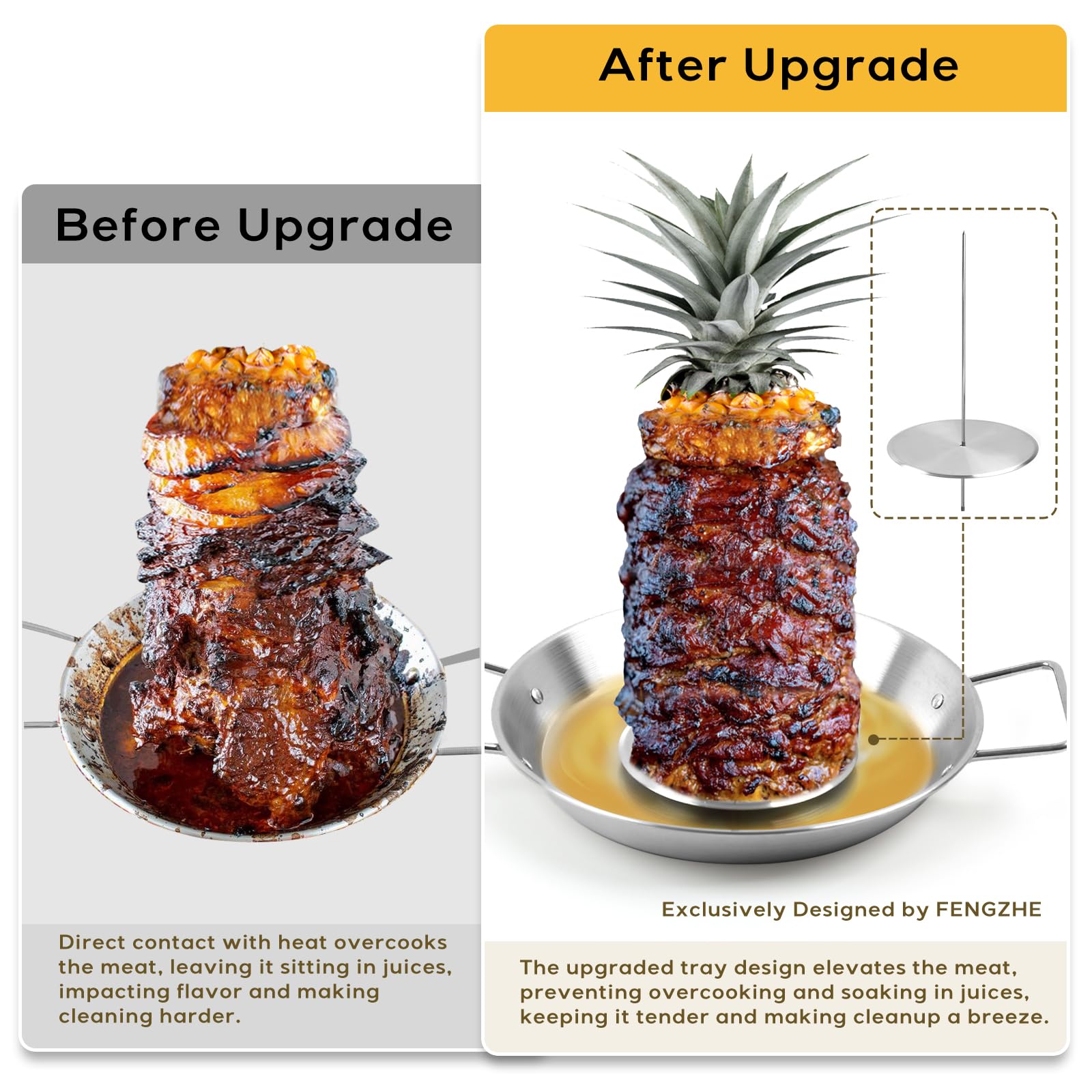 Fengzhe Al Pastor Skewer For Grill, Stainless Steel Vertical Stand, Brazilian Spit Stand With Removable 3 Spikes, 2 Brushes, Ant