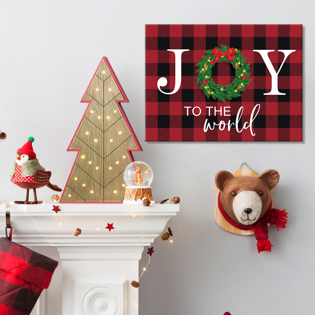Kairne Christmas Decoration Joy Sign Wall Art(12X16Inch) Rustic Buffalo Plaid Xmas Wreath Canvas Art Print,Holiday Farmhouse Hap
