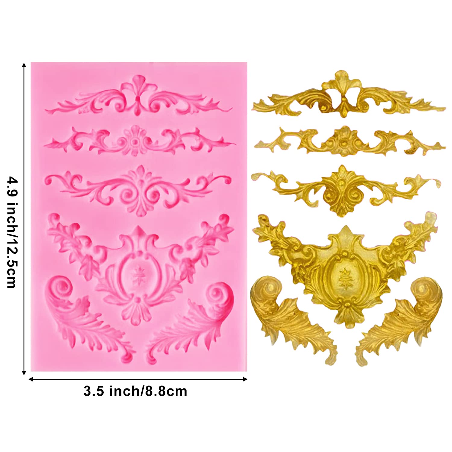 Silicone Fondant Molds, Aimeiki 3 Pack 3D Baroque Fondant Molds Scroll Border Lace Silicone Molds Curlicues Gum Paste Candy Choc