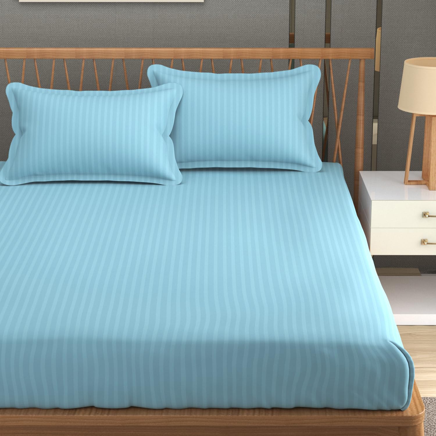 Homefab India 160 Tc Stripe Glace Cotton Double Bedsheet With 2 Pillow Covers - (90X90 Inches) - Light Blue