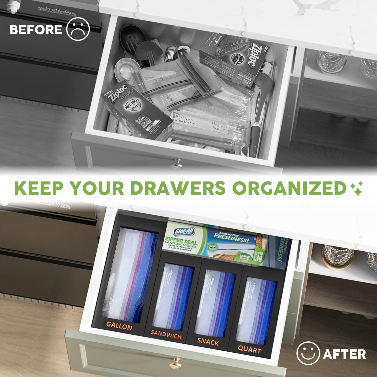Dalshabet Bamboo Storage Bag Organizer For Kitchen Drawer, 4 Separate Food Storage Bag Organizer, 12X14 Baggie Organizer Dispens