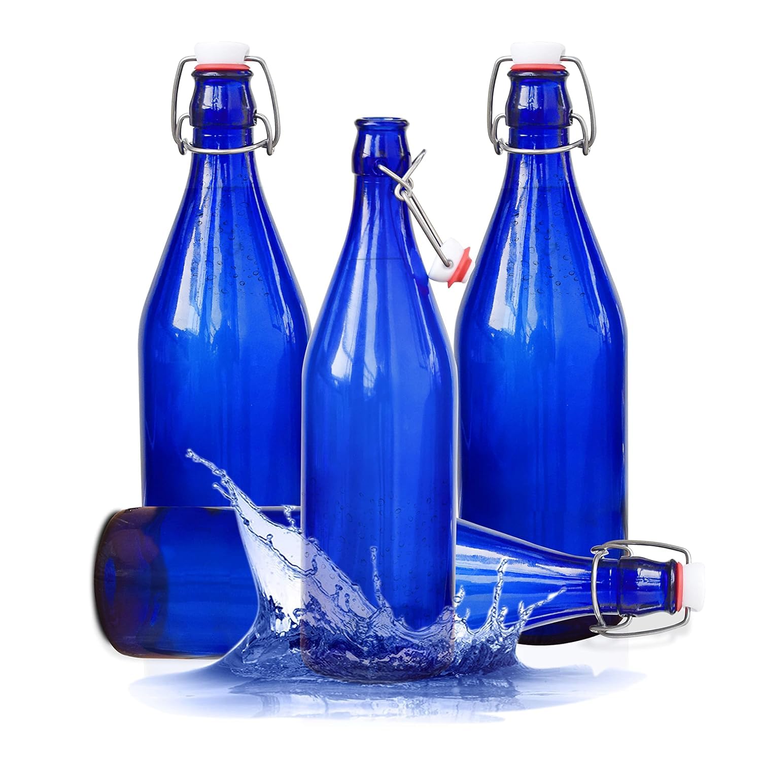 Pure Source India Glass Water Bottle Airtight, Food Safe, Bpa Free, Reusable 1000 Ml, 4 Piece, Blue
