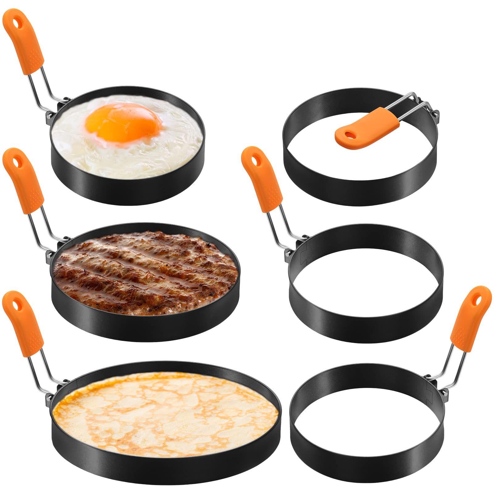 Patelai 6 Pcs Professional Egg Ring Pancake Ring Set Stainless Steel Fried Egg Ring Griddle Pancake Shapers With Silicone Handle
