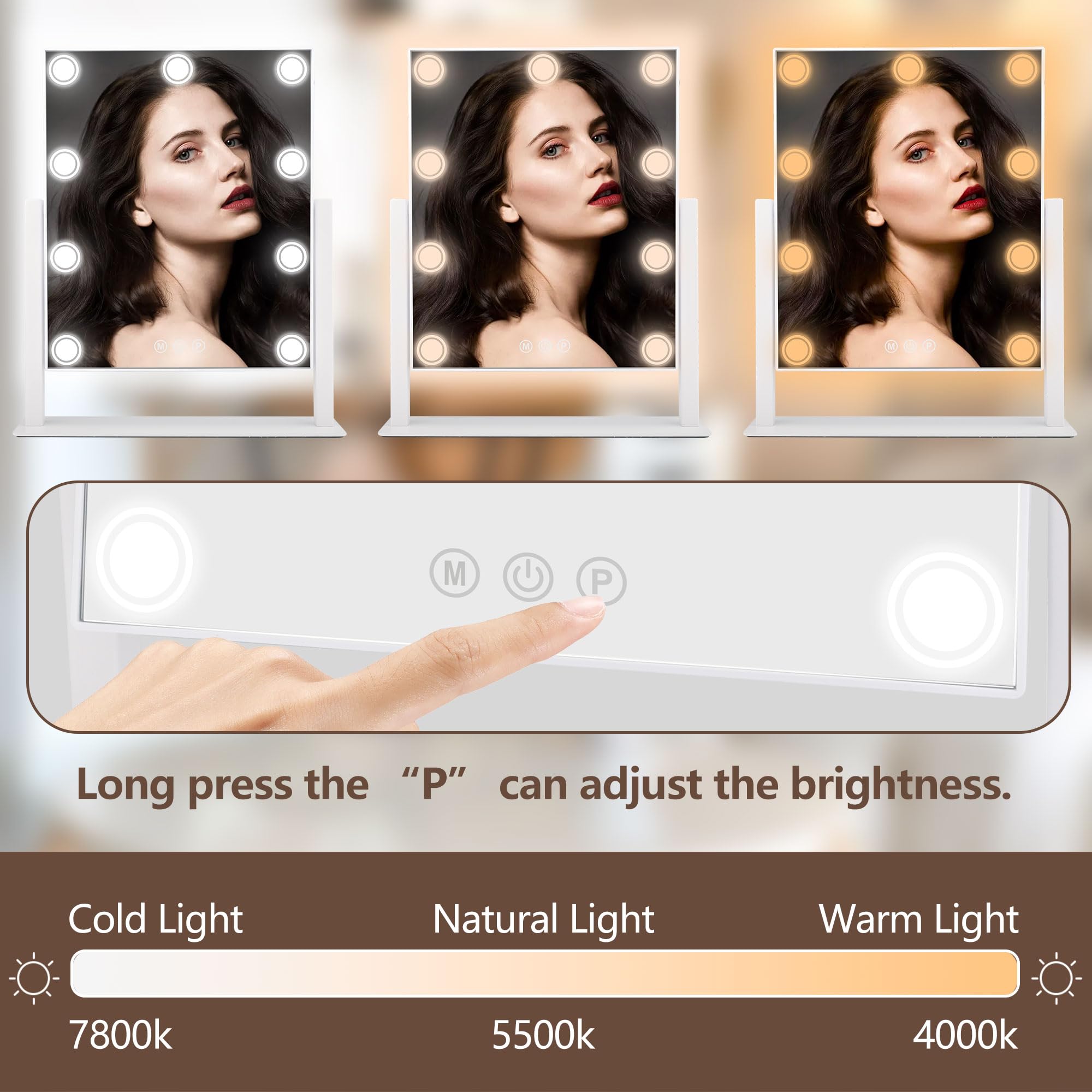 Slimoon Lighted Makeup Mirror, 14''X 12'' Hollywood Vanity Mirror With 9 Led Bulbs, 3 Color Lights, And Detachable 10X Magnifica