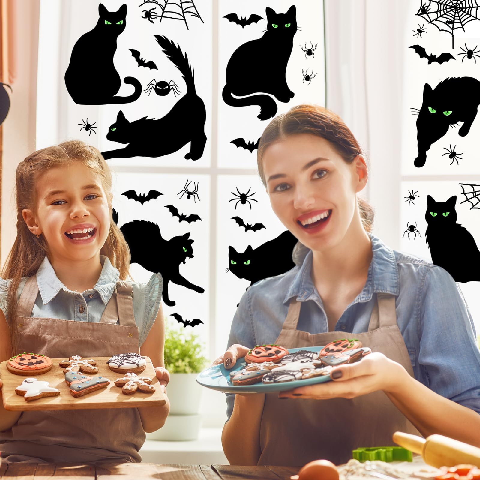 Chivertion 6 Sheets 101 Pcs Halloween Black Cat Wall Sticker Decoration Bats Spiders Web Scary Decals Removable Double Side Wall