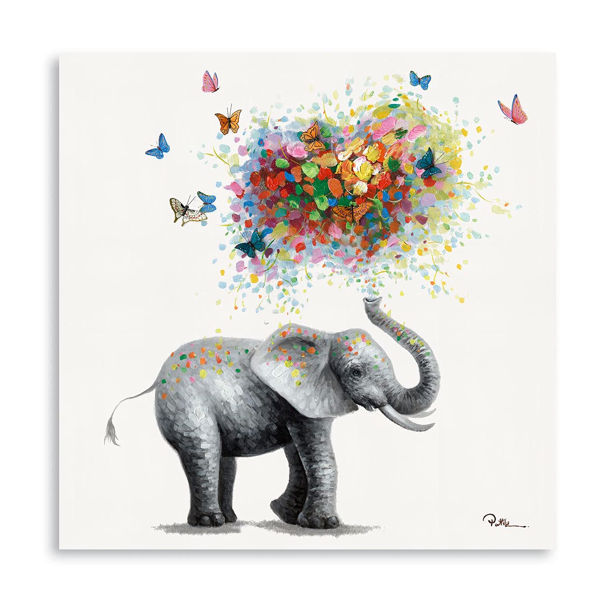 Yidepot Butterfly Elephant Wall Art Print: Colorful Heart Shaped Balloon For Kids' Nursery Wall Decor Canvas Framed Ready To Han