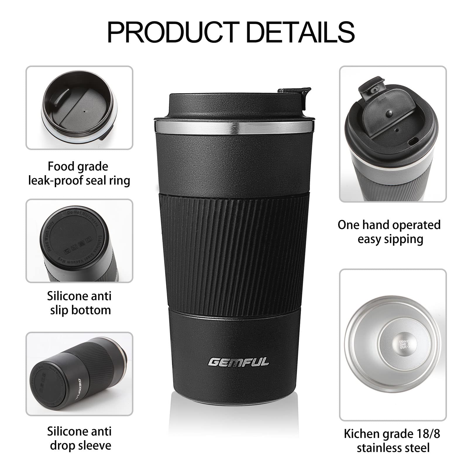 Gemful Travel Coffee Mug Insulated Tumbler Cups For Cold And Hot Drinks 17Oz