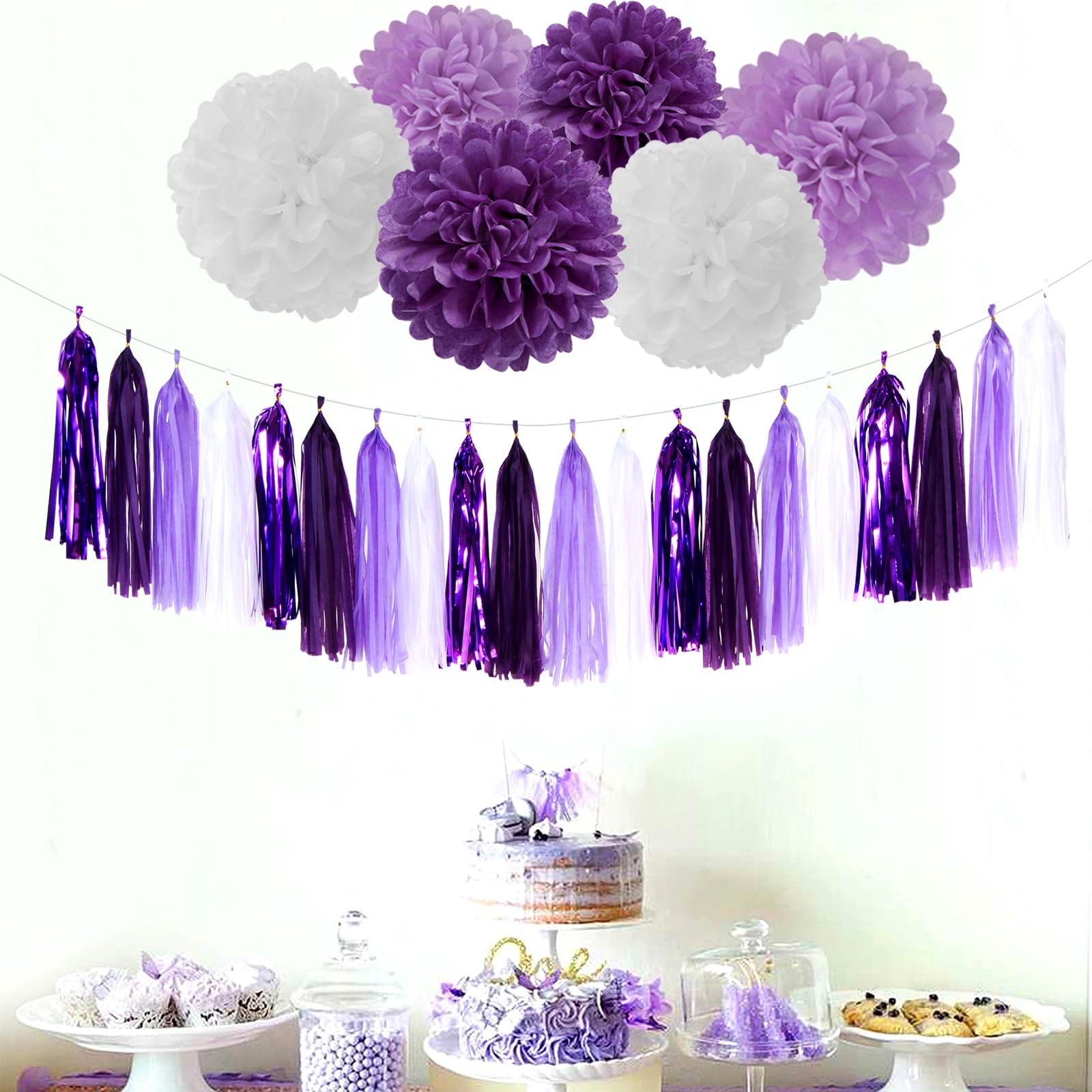 Purple White Lavender Party-Decorations Tassel-Garland - 20Pcs Women Girl Birthday Supplies Tassels, Baby Bridal Shower Wedding