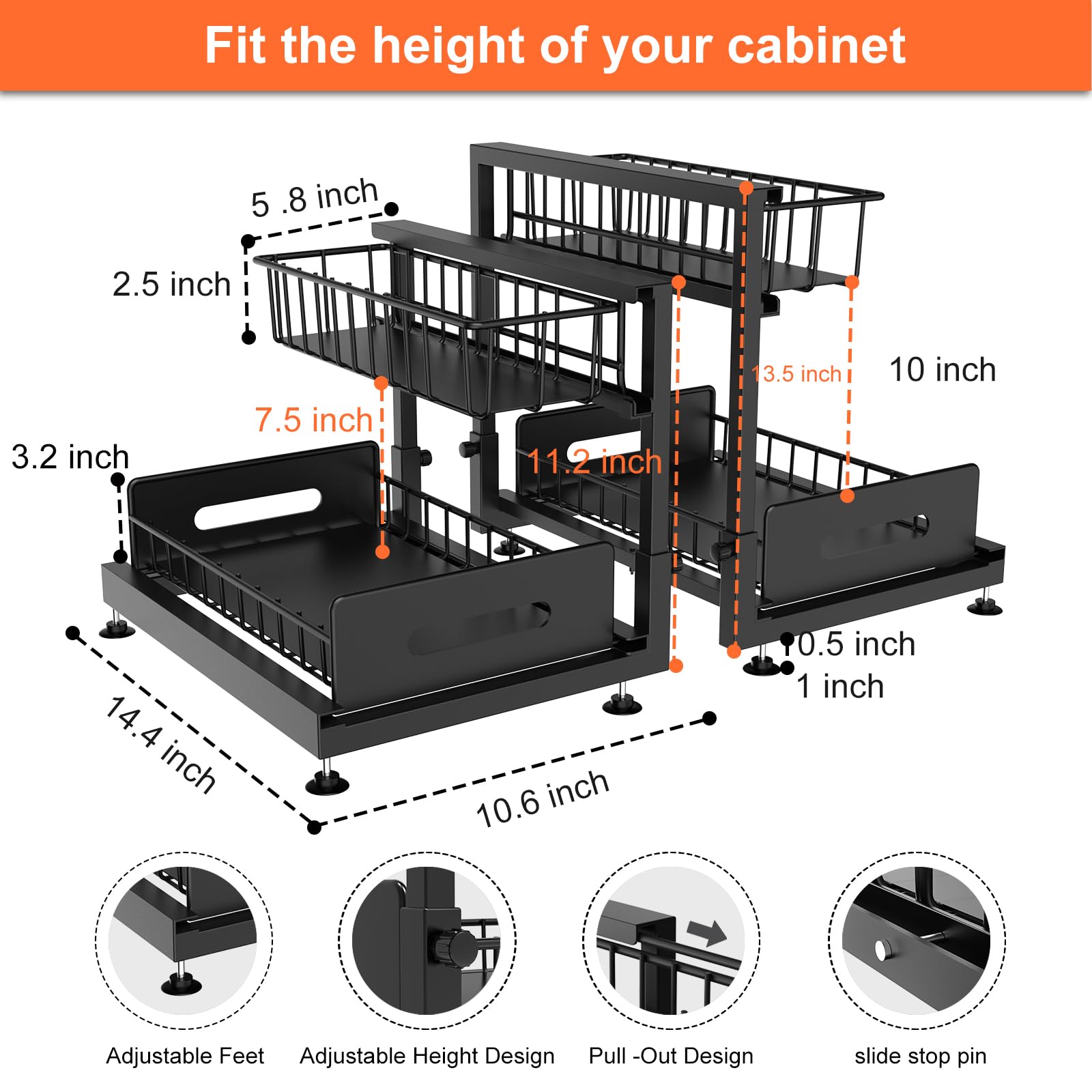 Under Sink Organizer And Storage,Pull Out Cabinet Organizer,2-Tier Slide Out Kitchen Basket Sink Shelf Cabinet Organizers,Adjust