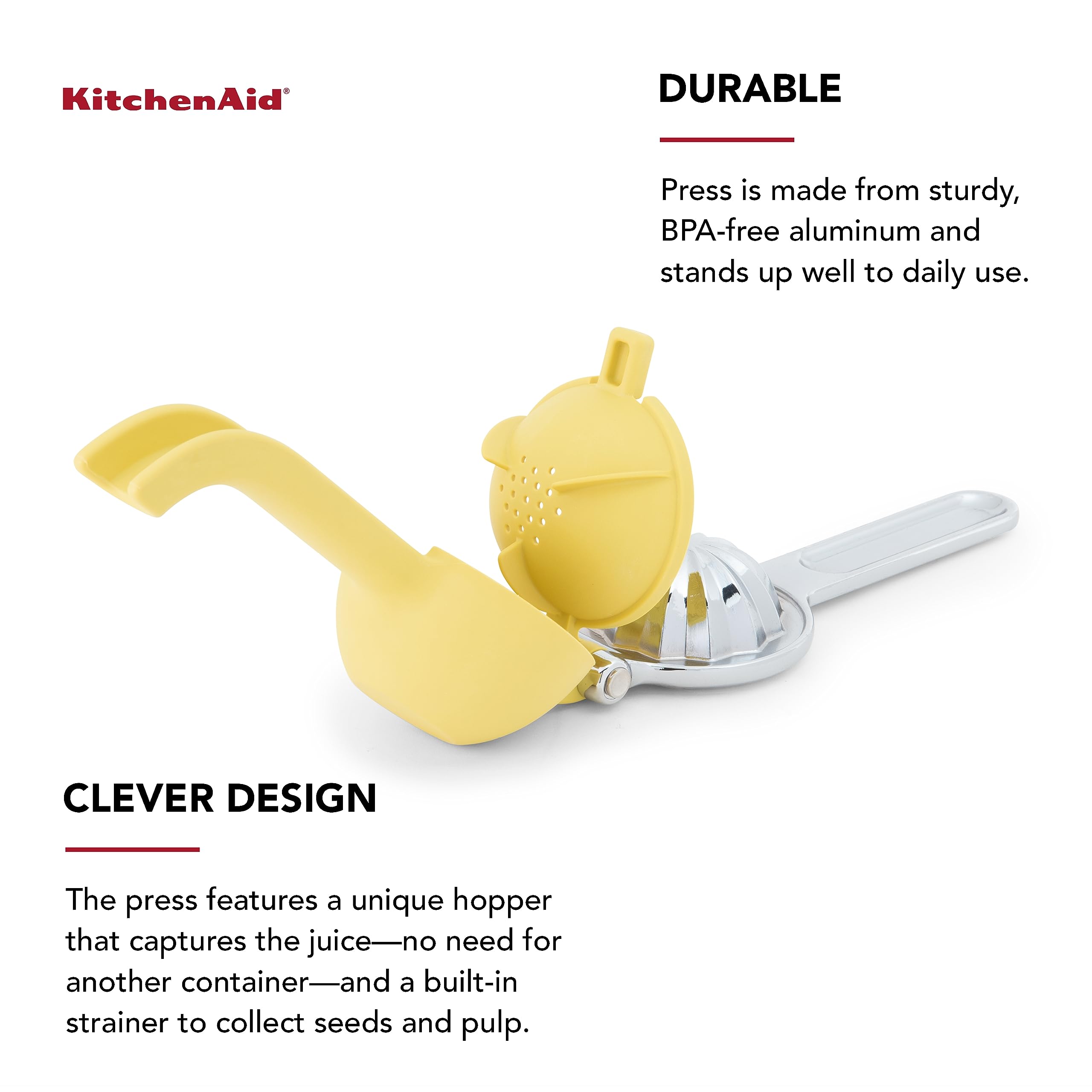 Kitchenaid Citrus Juice Press Squeezer For Lemons And Limes With Seed Catcher And Pour Spout, Lemon, 8 Inches