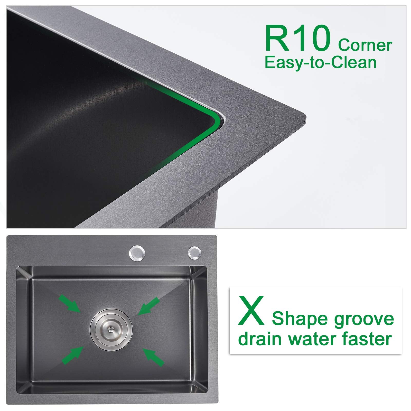 Ougoo 25-Inch Black Kitchen Sink, Drop In Kitchen Sinks, 304 Stainless Steel Overmount Handmade Single Bowl Sink With Strainer,