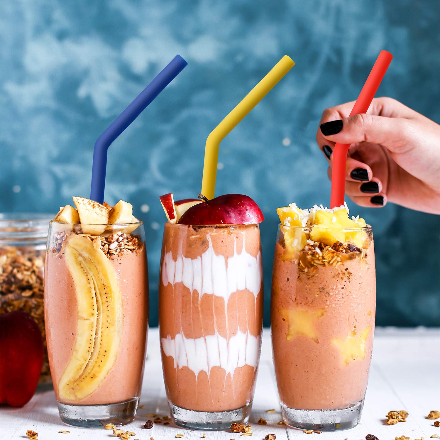 Hiware Reusable Silicone Straws, Long Flexible Silicone Drinking Straws With Cleaning Brushes For 30 Oz Tumblers - 10 Pieces - B