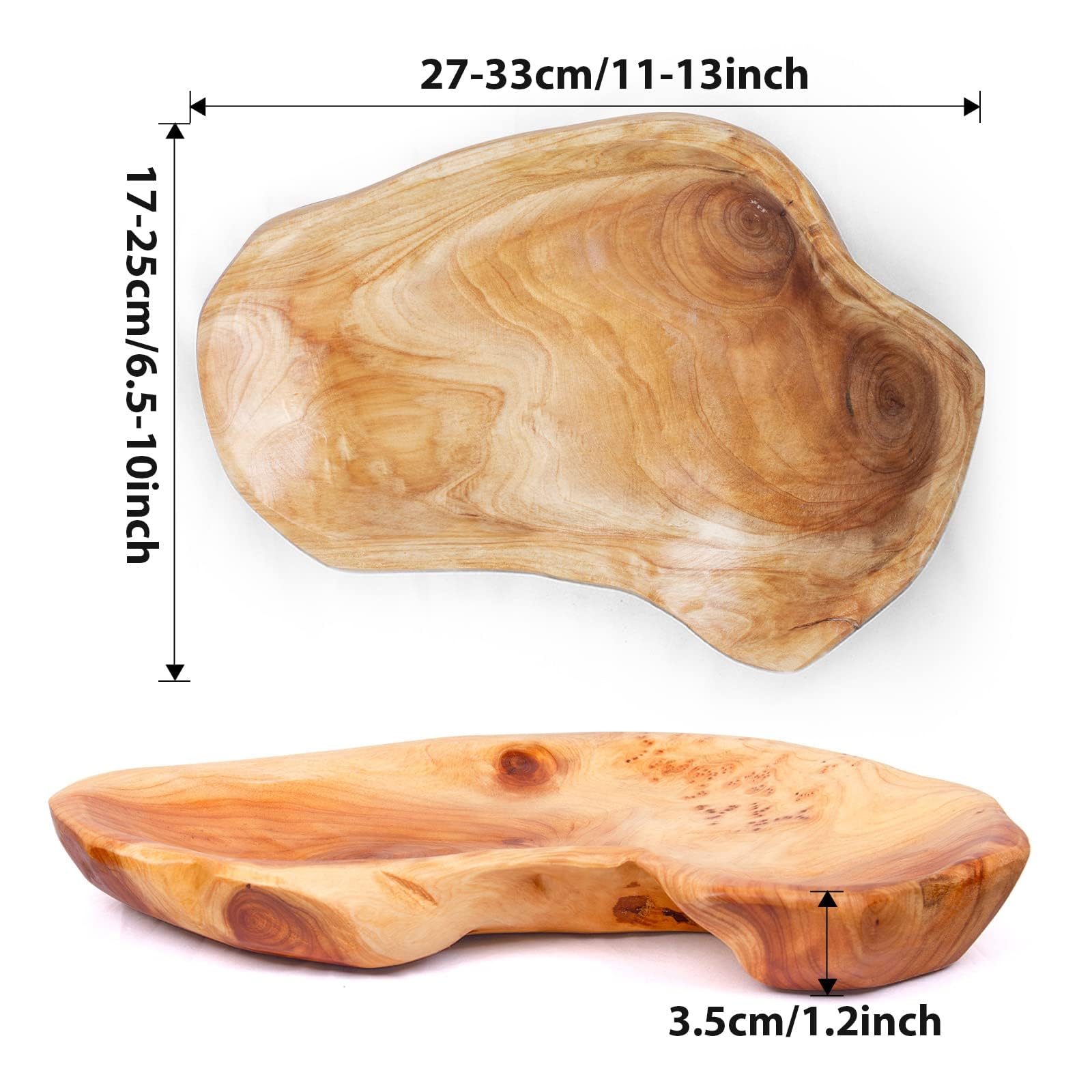 BTEOBFY Natural Wood Fruit Bowl 11-13 inch  Unique Handmade Wood Serving Platter  Wood Fruit Snack Dish for Sandwich Bread Serving  Appetizer Display  Vintage Ring Dish  Hand Carved Artworks