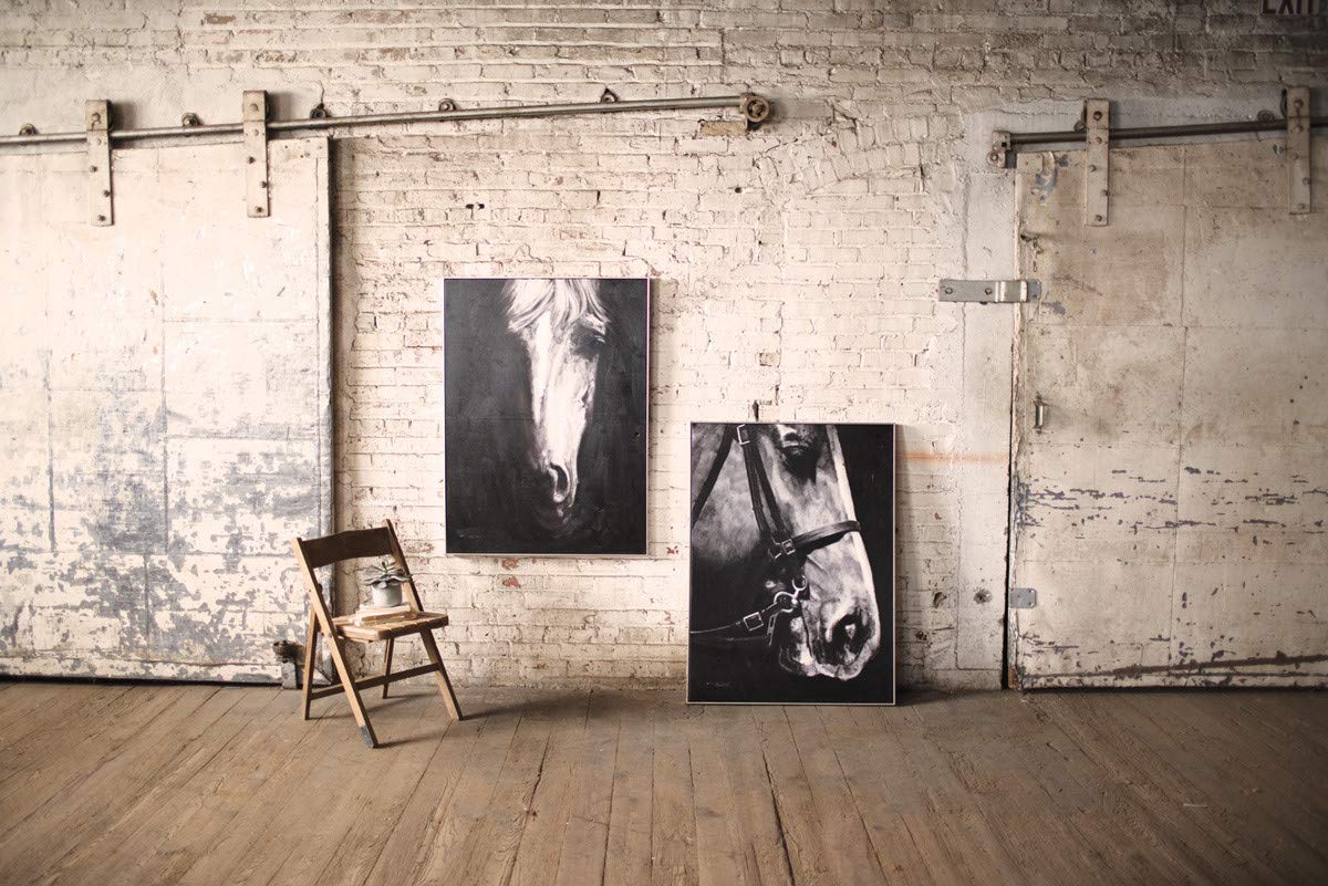 OIL PAINTING BLACK & WHITE SIDE VIEW HORSE W SILVER FRAME
