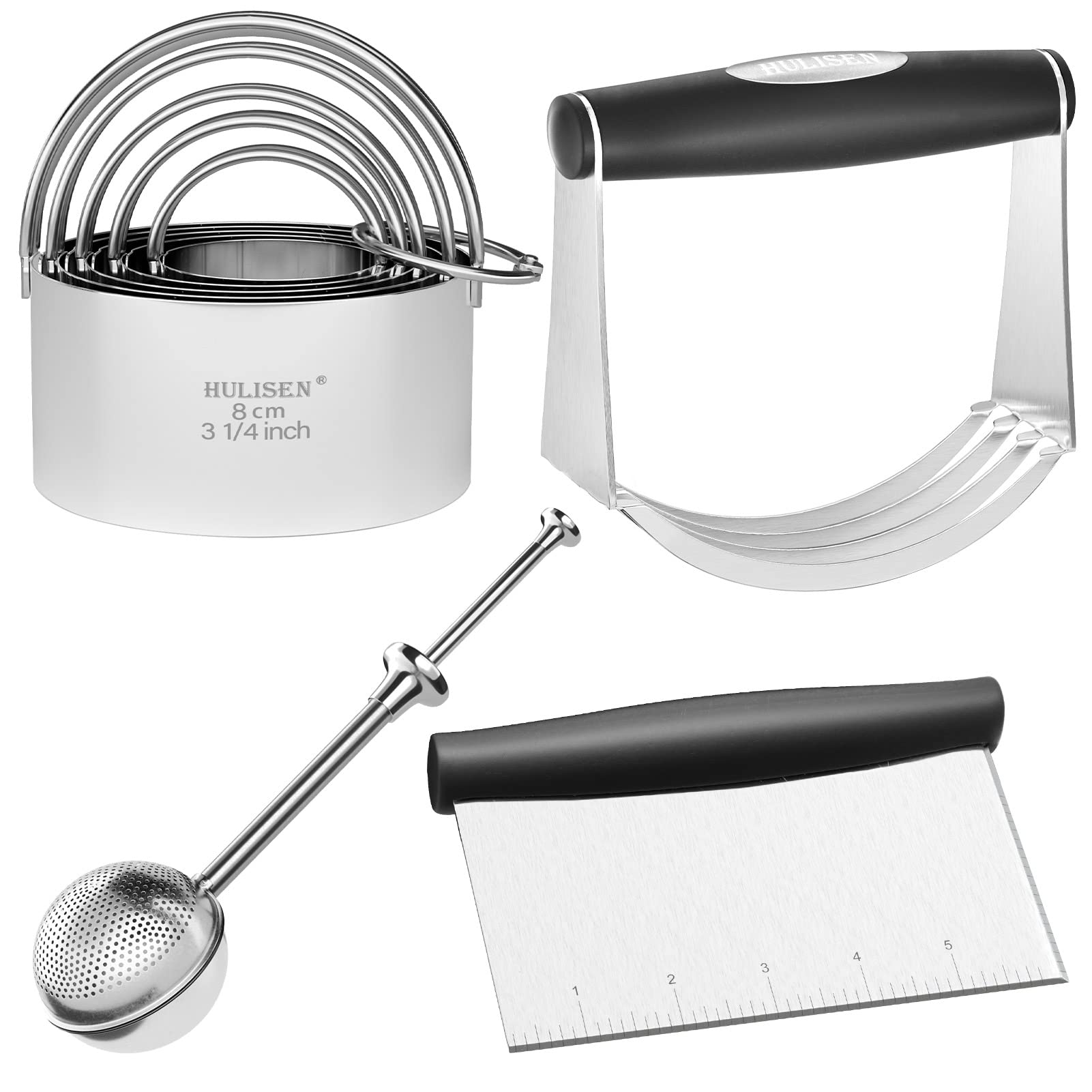 HULISEN Stainless Steel Biscuit Cutter Set, Flour Duster, Pastry Scraper and Dough Blender, Sturdy & Long-Lasting with Ergonomic