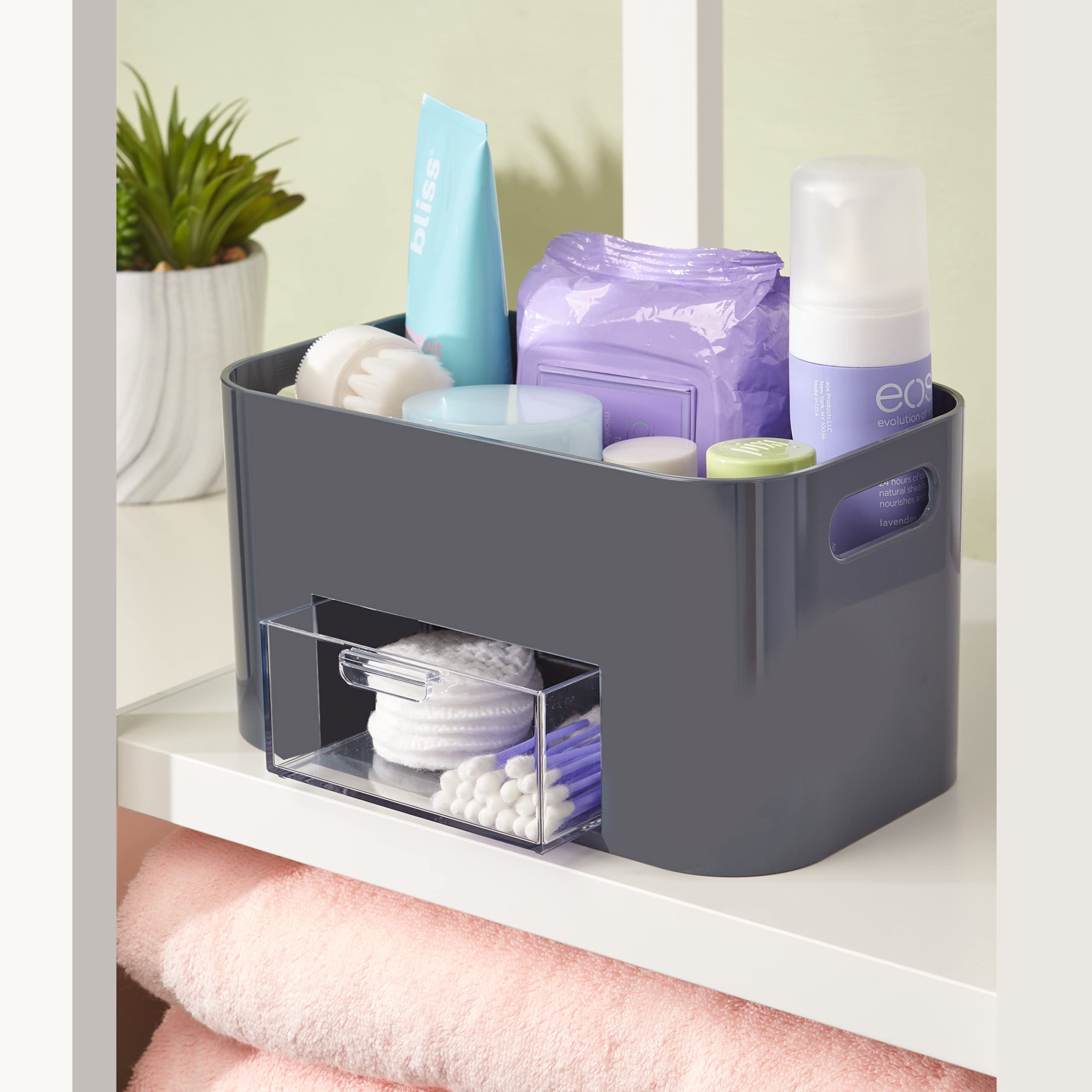 STORi Bliss 4-Compartment Plastic Vanity Organizer with Small Accessory Drawer in Classic Grey | Rectangular Makeup  Skincare  & Cosmetic Storage Bin with Pass-Through Handles | Made in USA