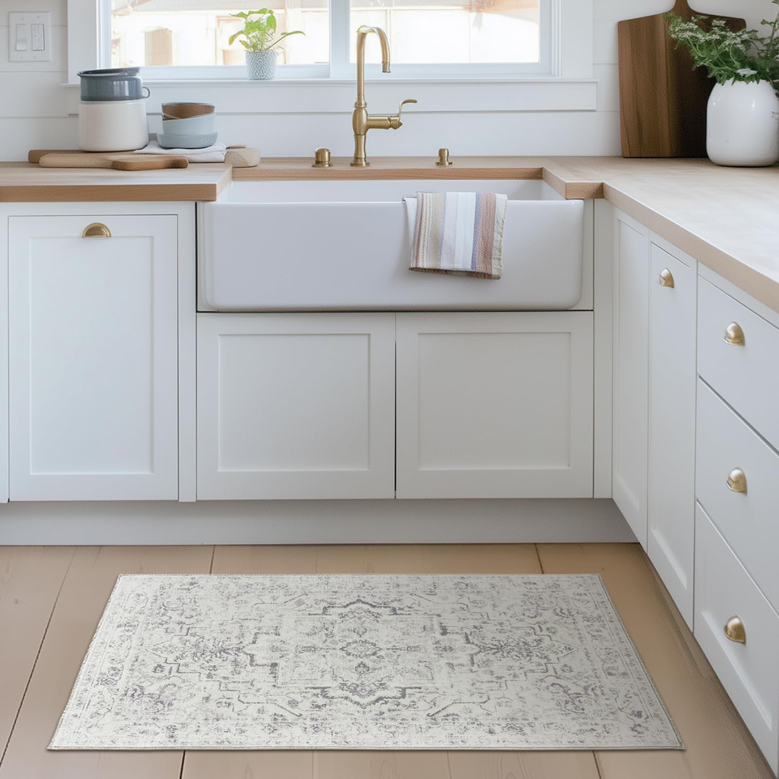 Jainmy Farmhouse 2x6 Kitchen Runners Washable Non Slip, Low Pile Distressed Medallion Printed Carpet Runners for Hallway 6ft Ind