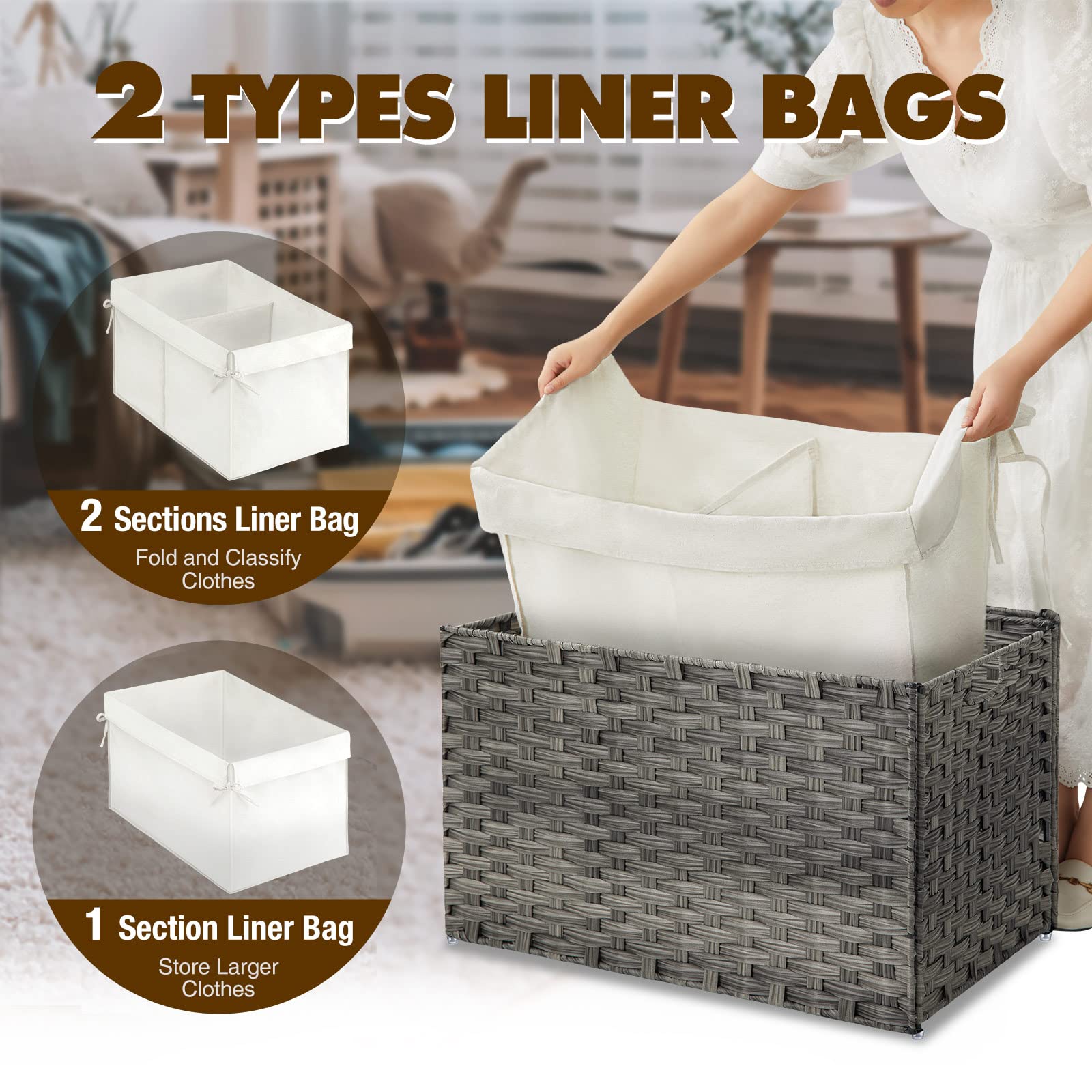 Greenstell Storage Basket With Lid, Handwoven Blanket Storage Basket With Cotton Liner And Metal Frame, Foldable & Easy To Insta