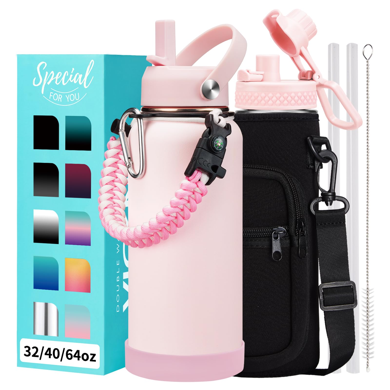 VICKNIY 32/40/64 OZ Water Bottle with Straw - Spout Lid, Kepp Cold-48H Hot-24H, Insulated Water Bottles with Strap Carrier Bag, 