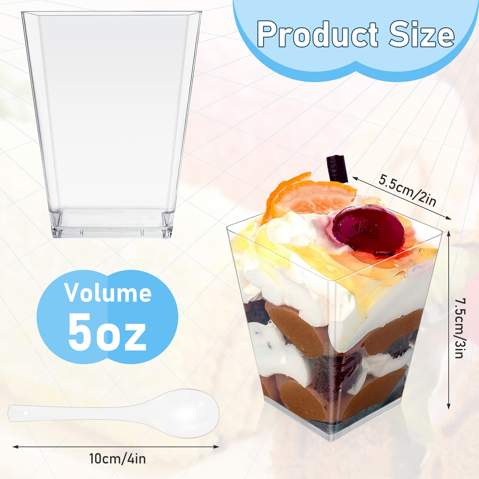 Cptoion 100 Pack 5 Oz Dessert Cups With Spoons,Plastic Dessert Cups,Clear Square Parfait Cups,Mini Appetizer Cups,Shooter Cups F