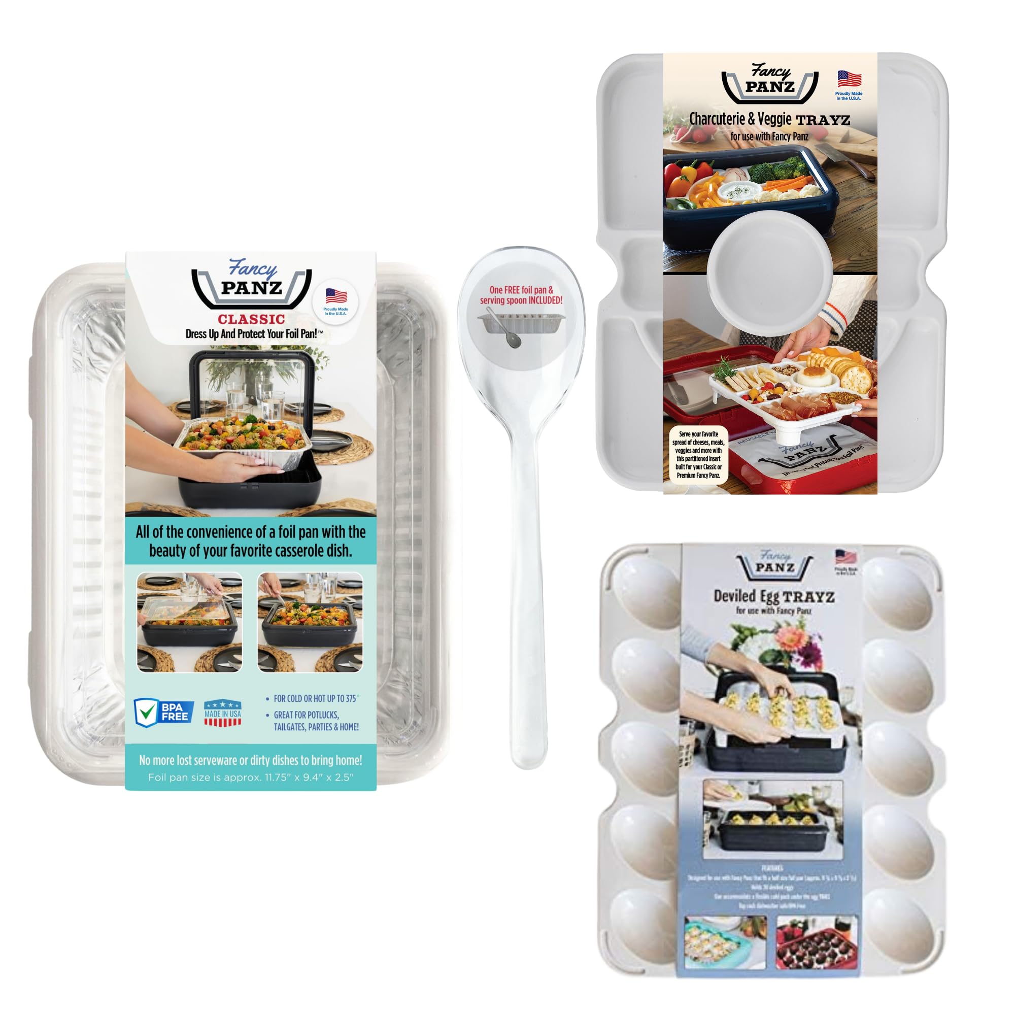 Fancy Panz- Limited-Edition Bundle - White Classic Aluminum Foil Pan Carrier with Lid + Deviled Egg + Charcuterie Insert - Food 