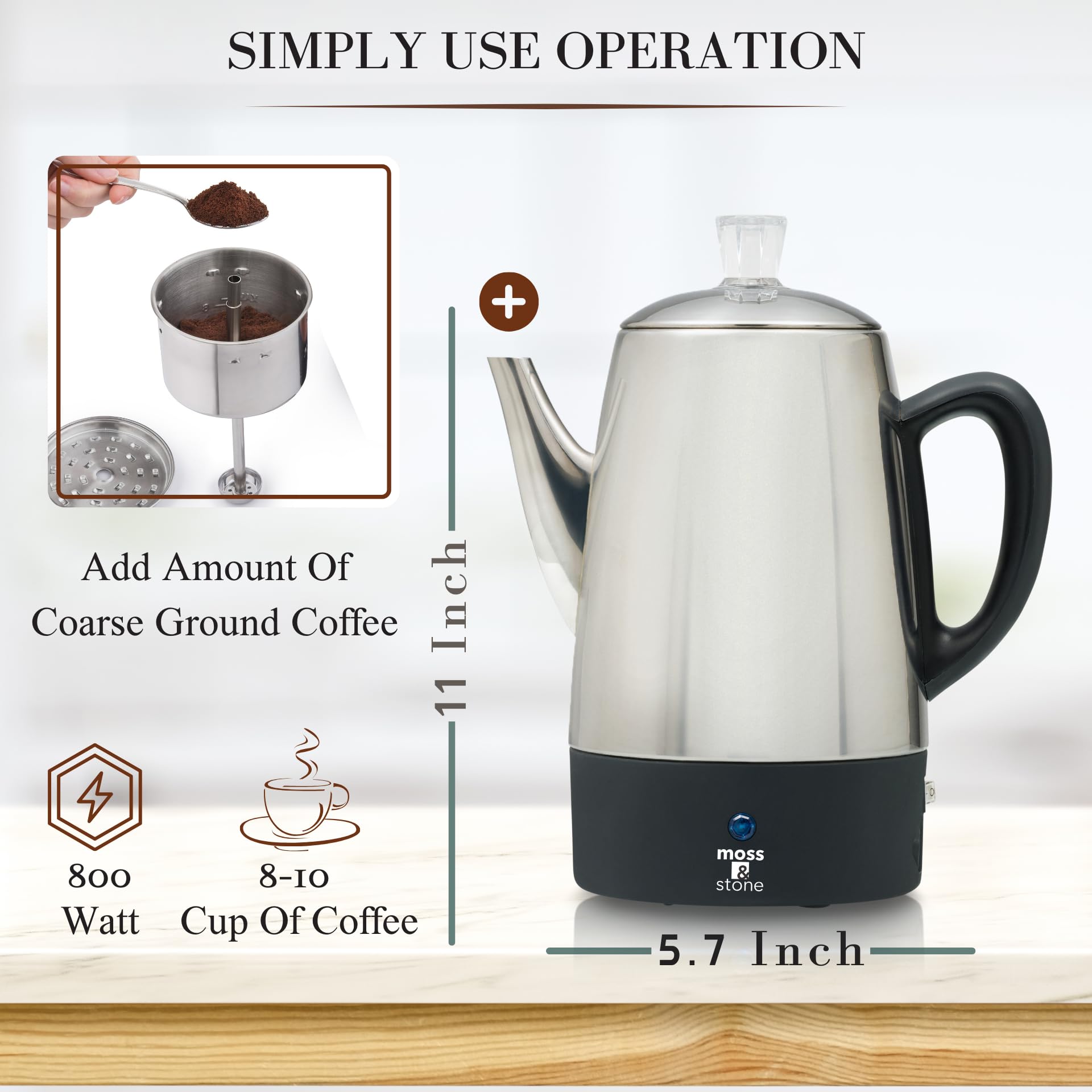 Moss & Stone Electric Coffee Percolator, 10 Cup Stainless Steel, Model EPLTR-8MS, Silver, Keep Warm Function