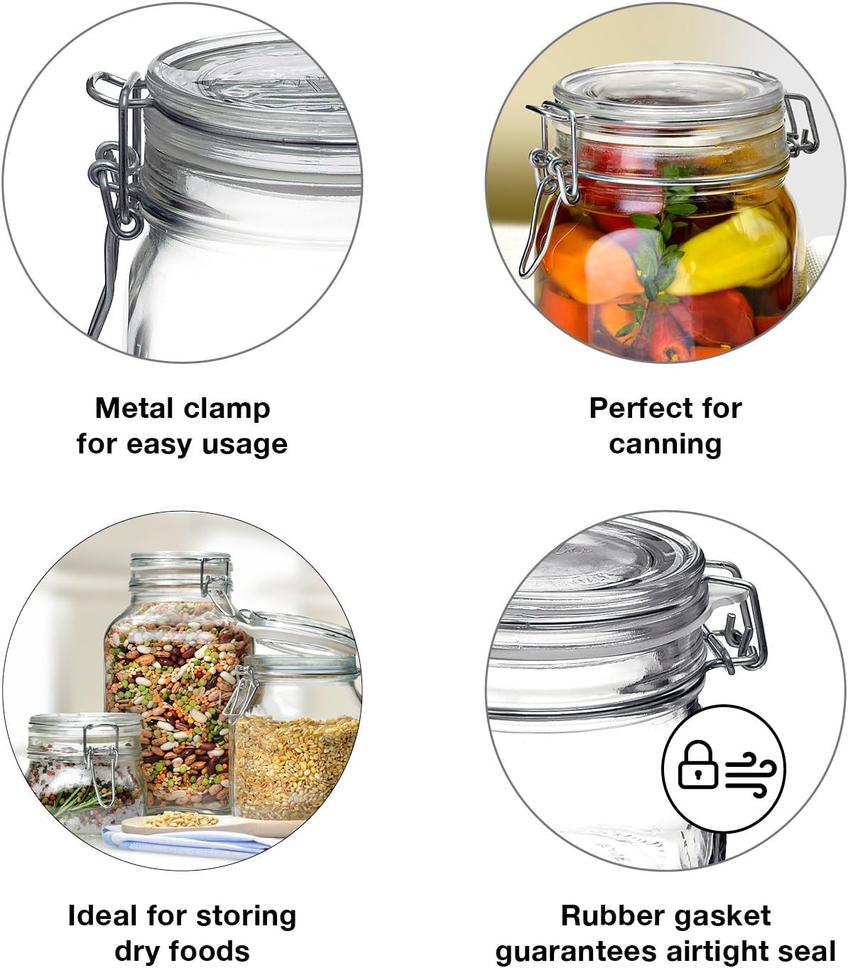 Bormioli Rocco Fido Wide Mouth Squared Glass Jar With Airtight Gasket Clamp Lid For Canning And Food Storage, 67.75 Oz, Clear To