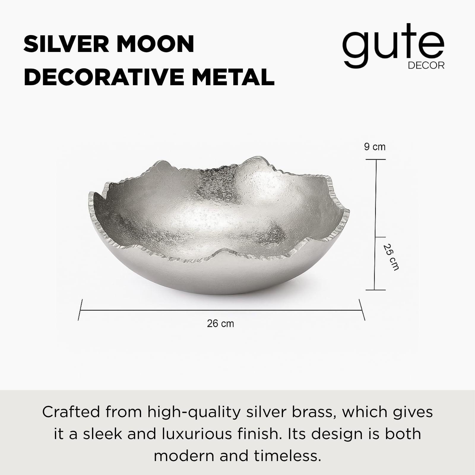 Decorative Silver Moon Decorative Metal Torn Hammered Asymmetrical Centerpiece Bowl