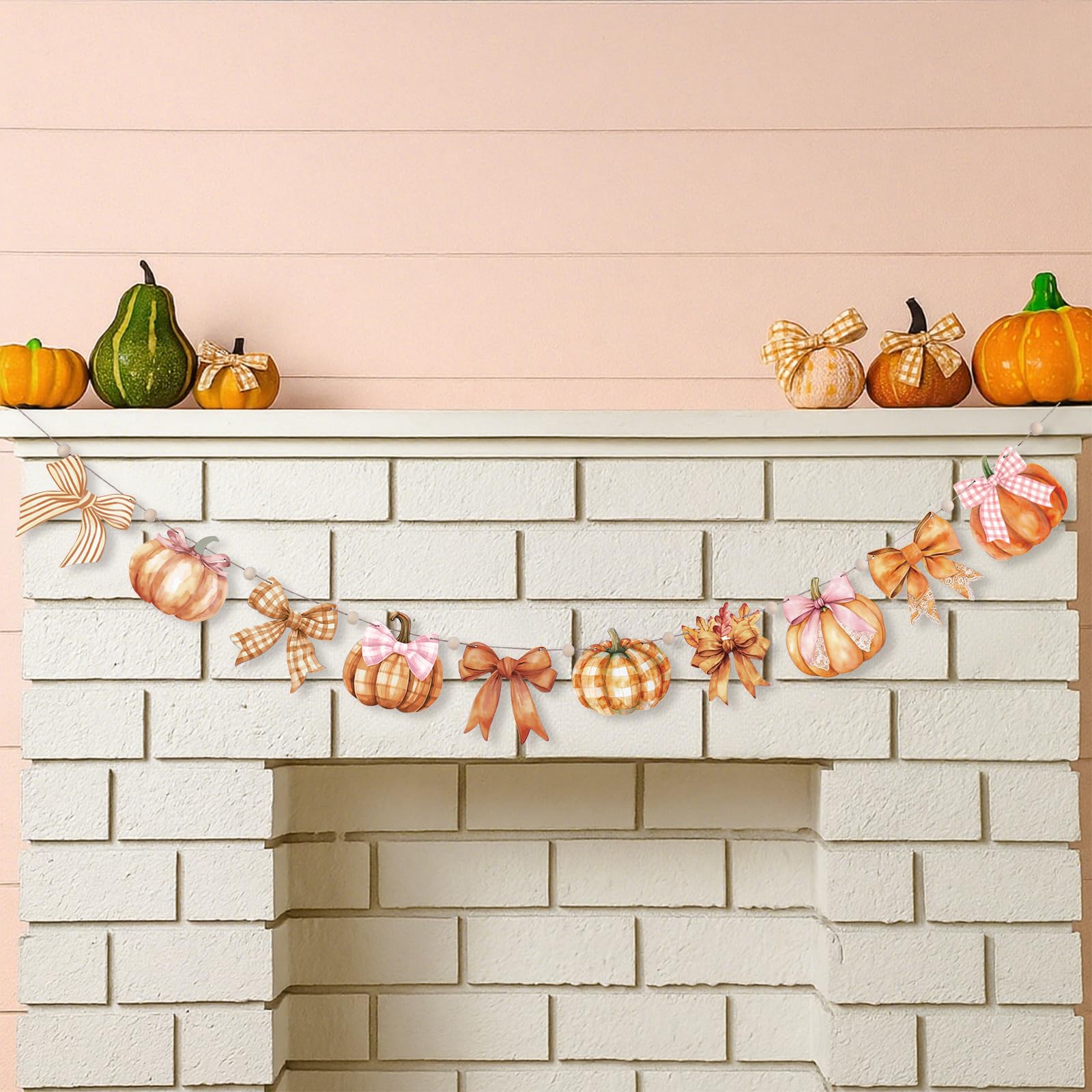 Cinnvoice 8.2 ft Fall Decoration Wooden Plaid Pumpkin Garland Bow Pumpkin Banner Thanksgiving Fall Banner Rustic Farmhouse Wood