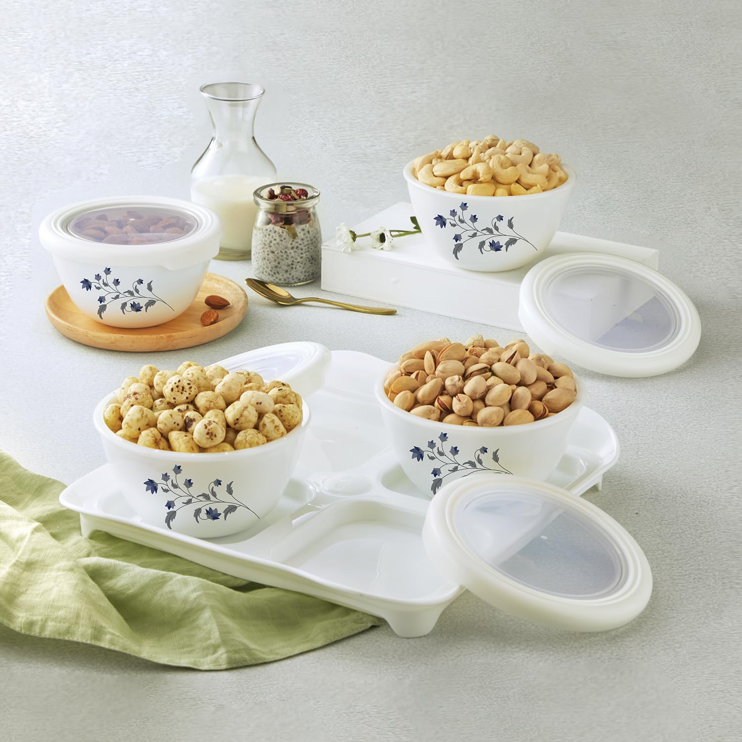 Cello Tiffany Vinea Dry Fruit Set | Set Of 4 | Serving Bowl | Serving Tray | Containers With Lid | 500Ml, White